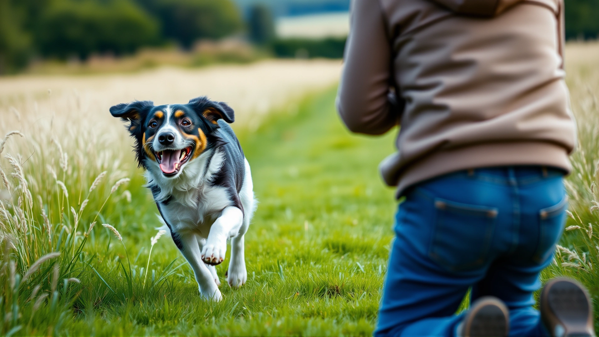 Dog sprinting joyfully toward its kneeling owner across a grassy meadow, motion blur on background, sharp focus on dog’s happy face