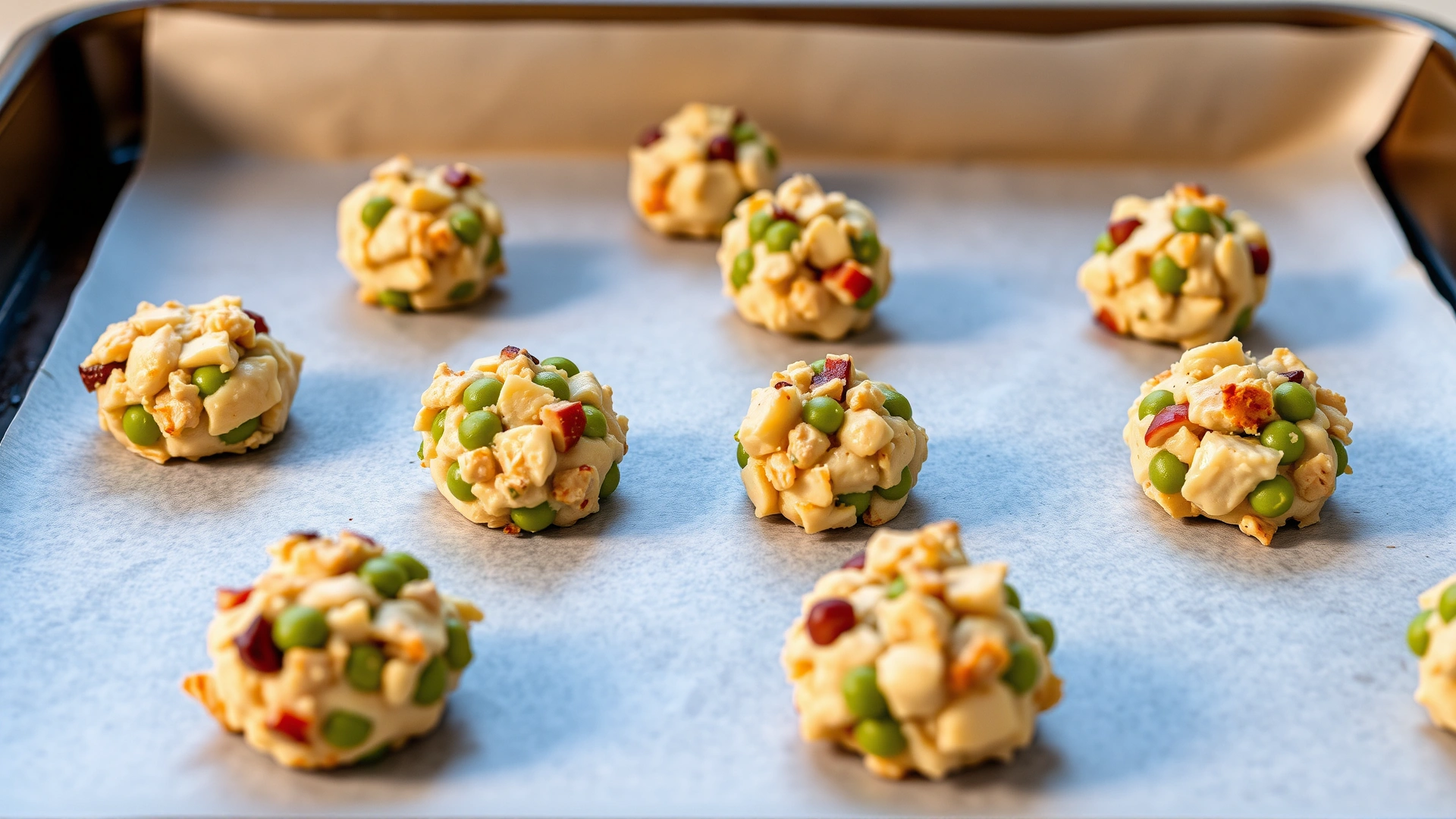 Baked pea and chicken treat bites arranged neatly on a parchment-lined baking tray