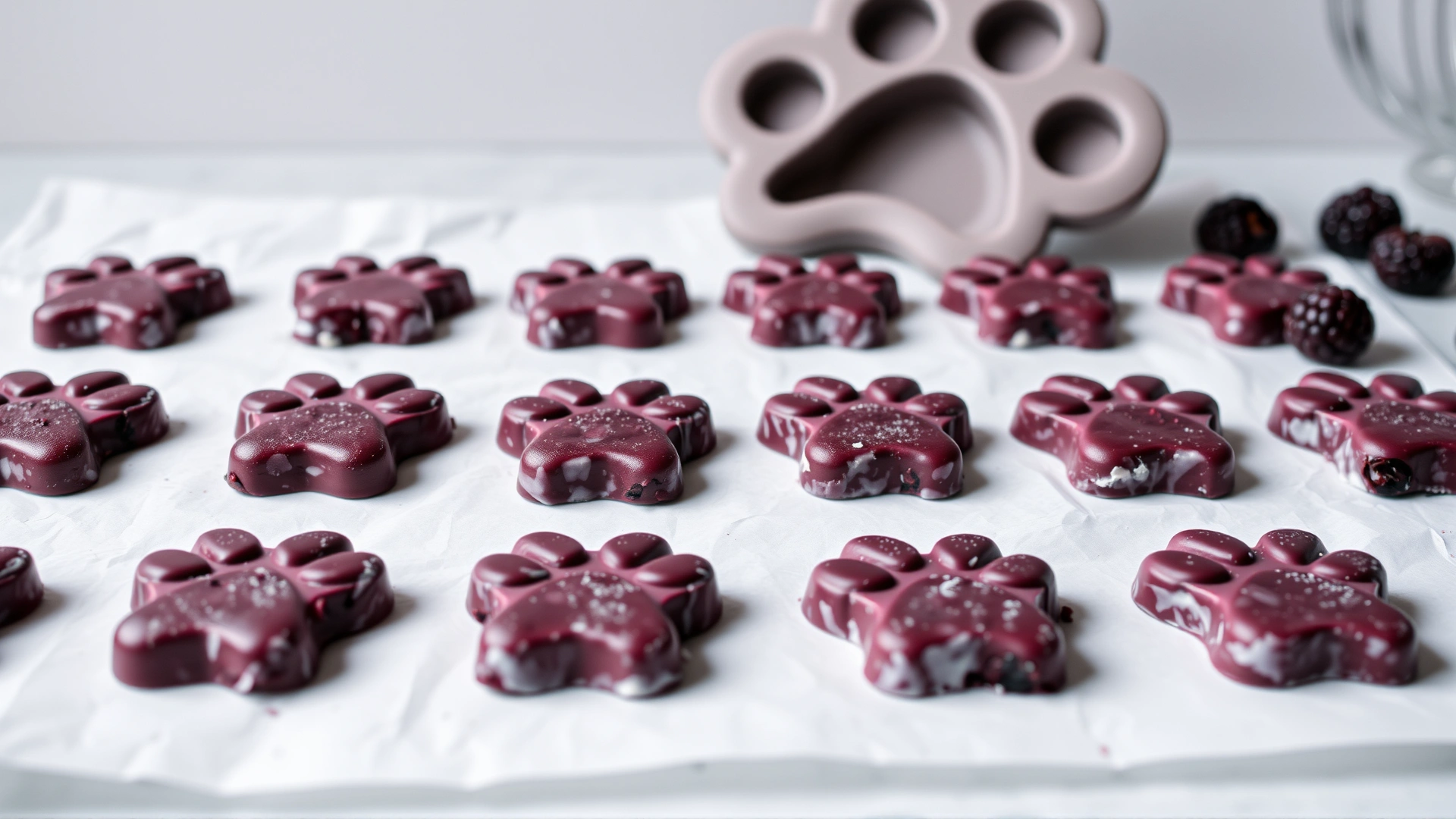 Frozen blackberry yogurt dog treats arranged on parchment paper with a paw-shaped silicone mold in the background