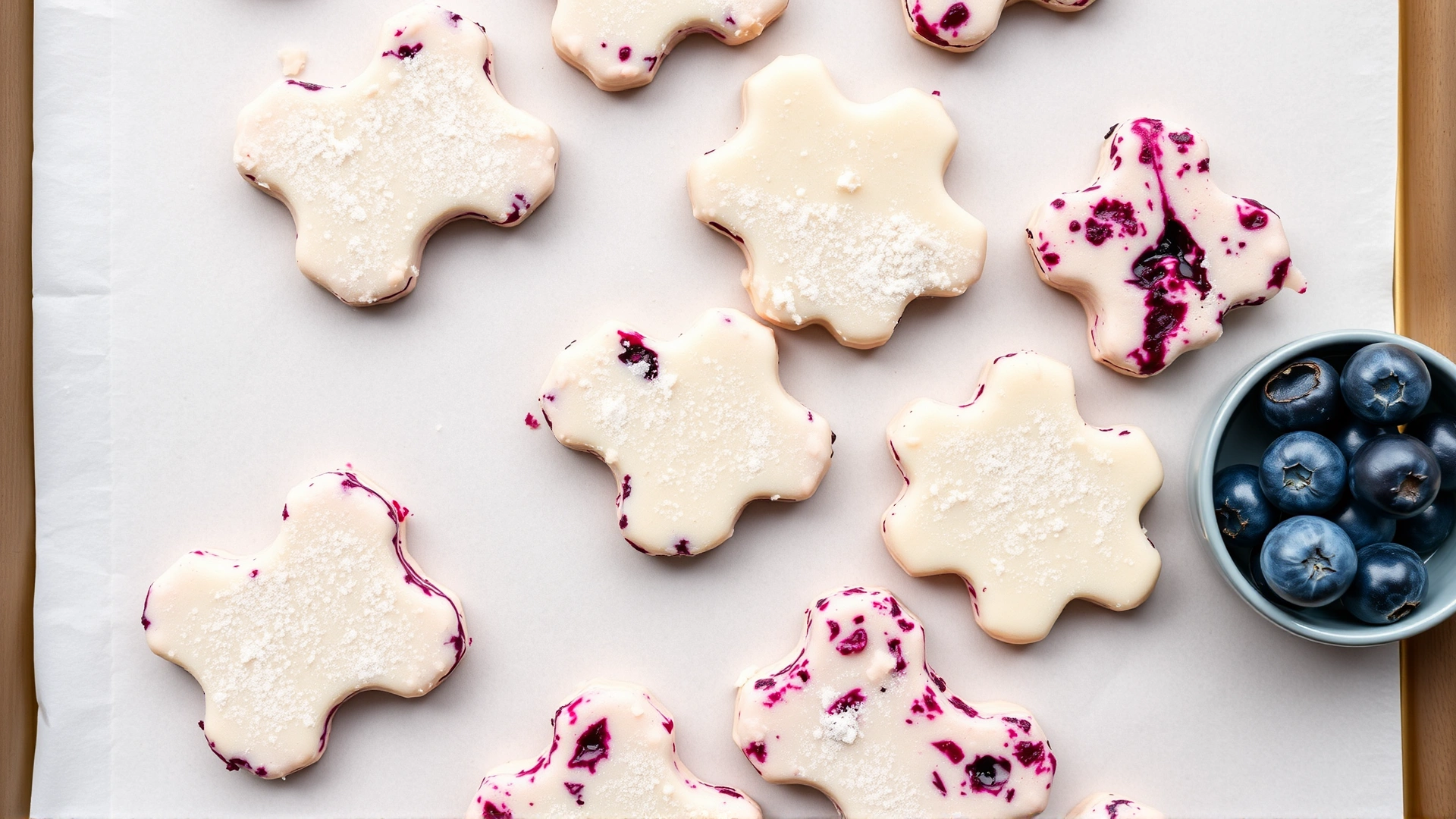 Top-down view of frozen blueberry yogurt dog treats neatly arranged on a parchment-lined baking sheet