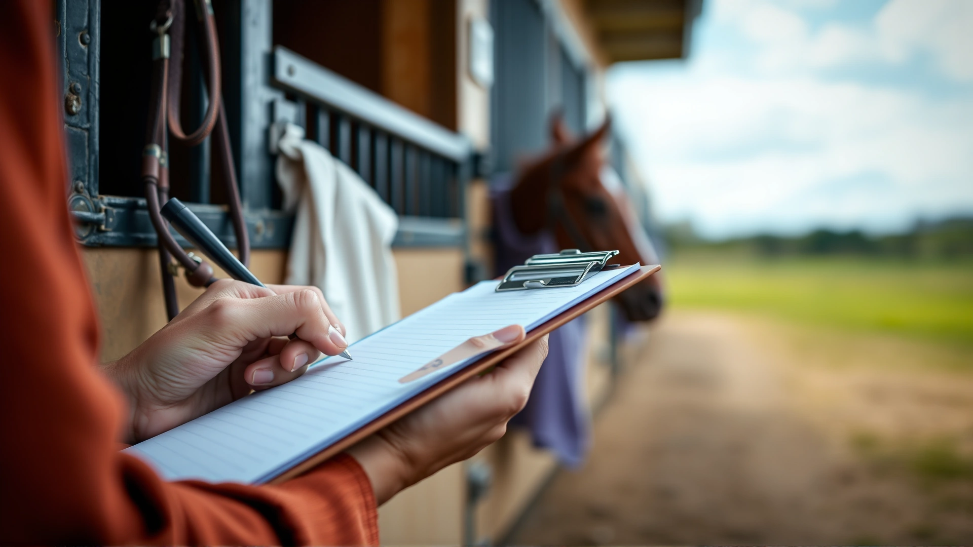 Close view of a hand writing notes on a clipboard while standing next to a horse stall, halter hanging on the door, no text