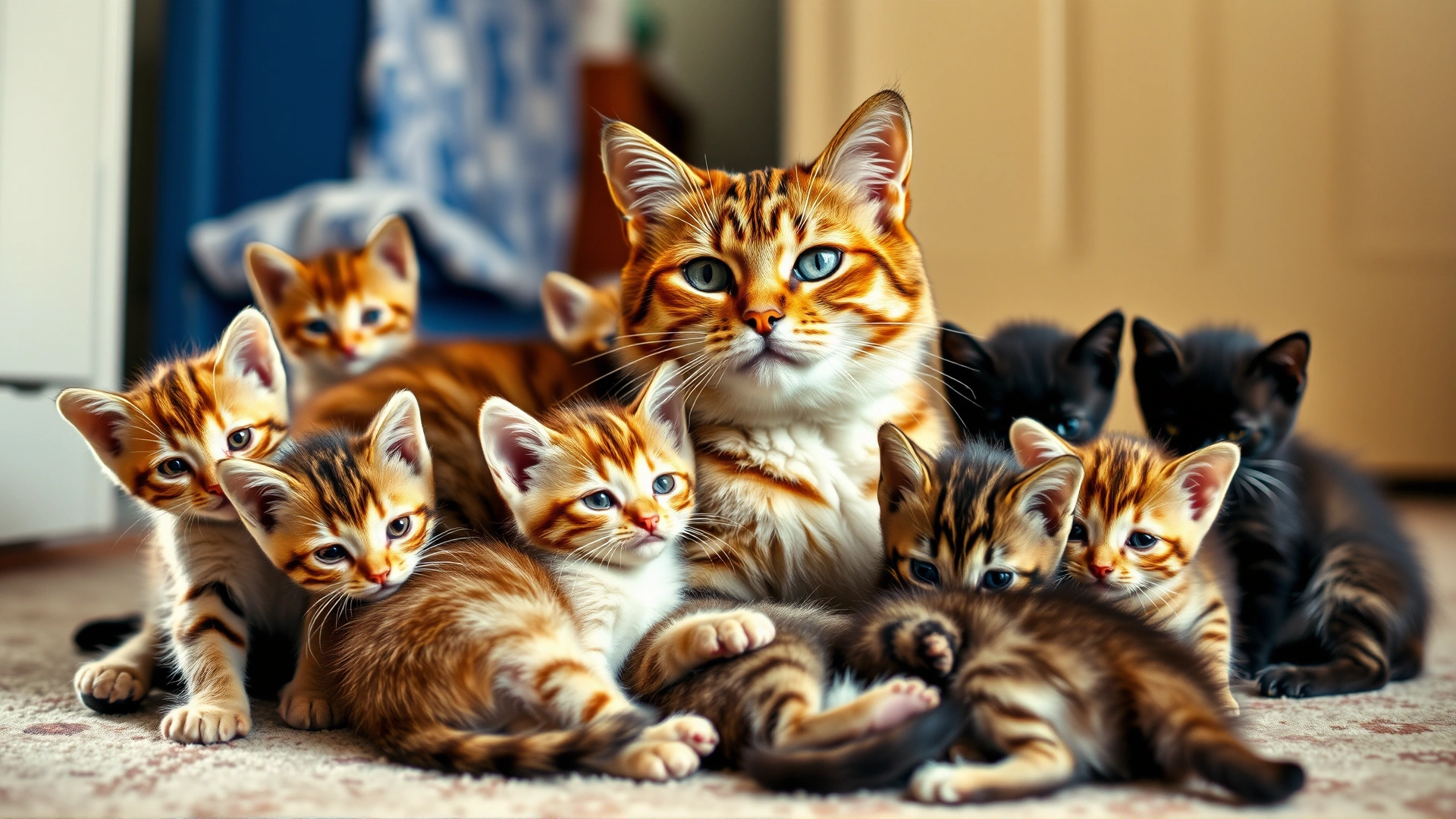 A mother cat surrounded by an unusually large litter of playful kittens, photographed in a warm home environment, slight vintage tone, high resolution