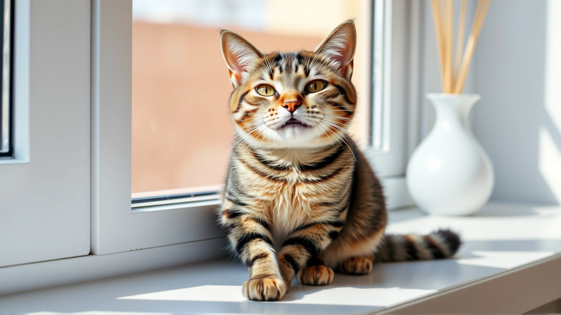 Healthy, happy tabby cat sitting upright with mouth closed, bright eyes, and relaxed posture on a sunny windowsill