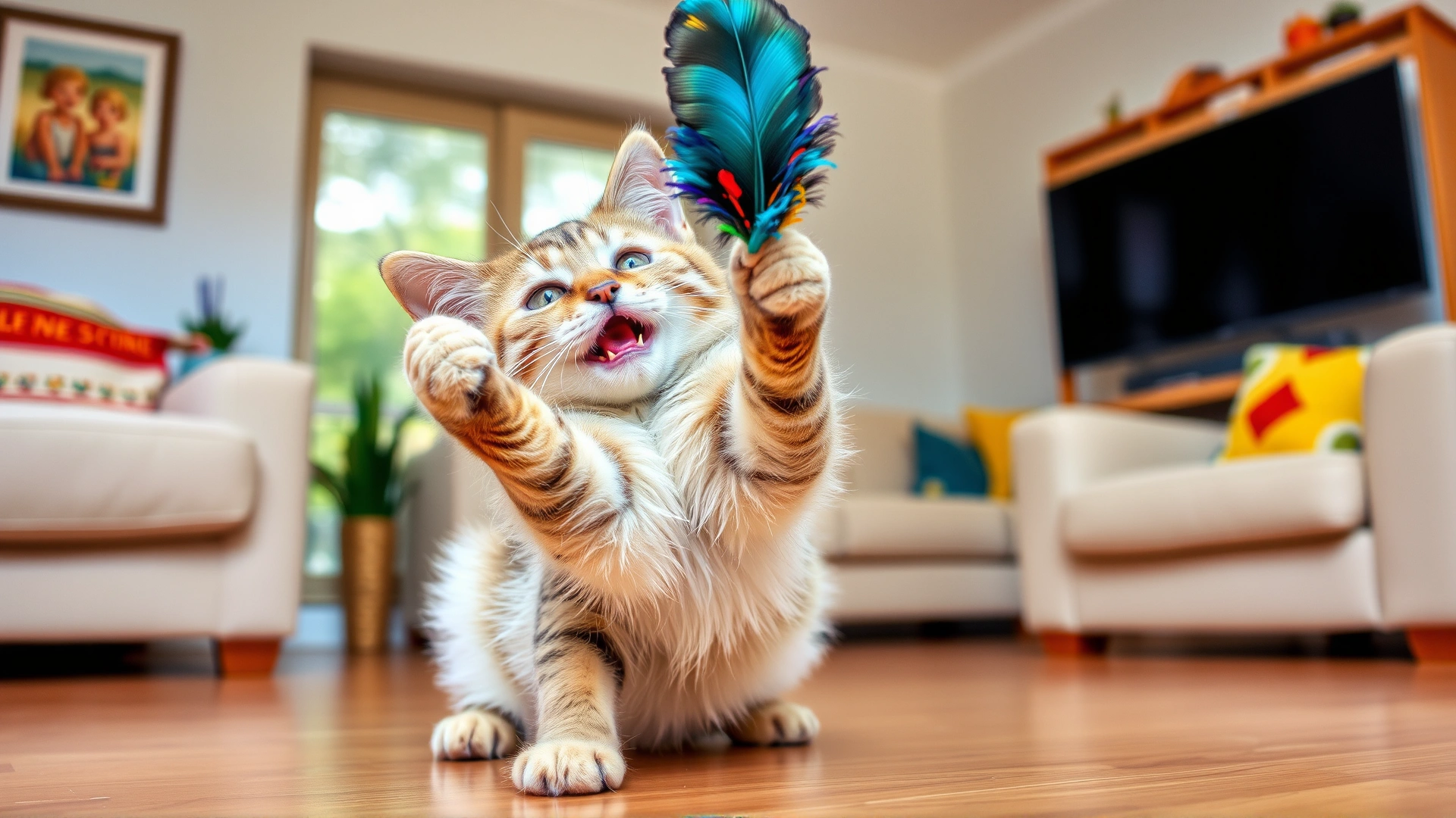 Playful cat batting at a colorful feather toy in a bright living room, demonstrating full recovery and vitality.
