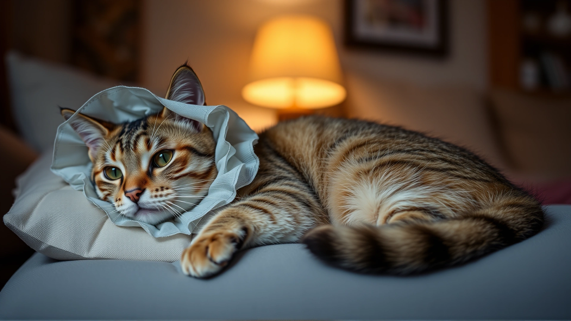 Domestic cat wearing a soft protective Elizabethan collar resting comfortably on a pillow at home, warm ambient light, no text