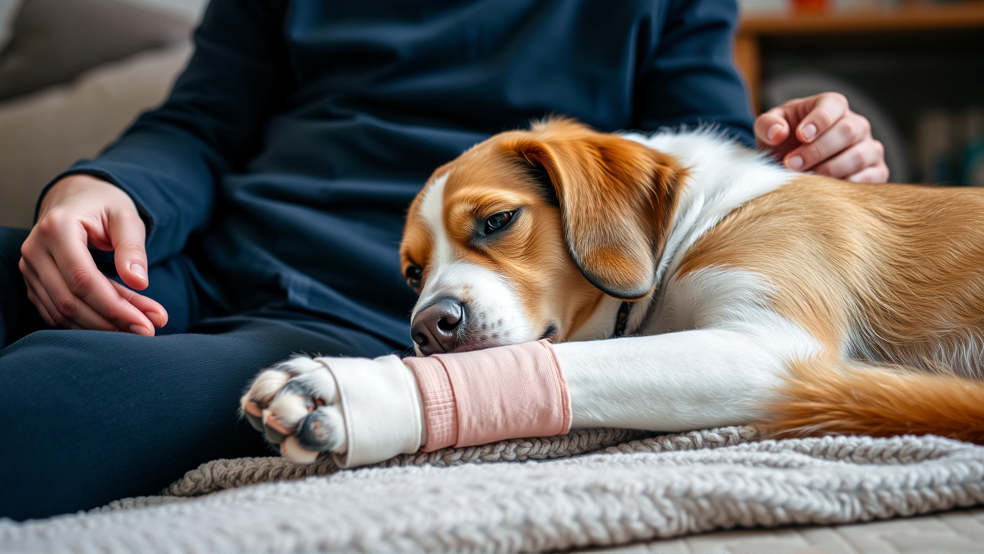Dog with a soft bandage around its paw lying comfortably on a cozy blanket at home while an owner sits nearby offering reassurance.