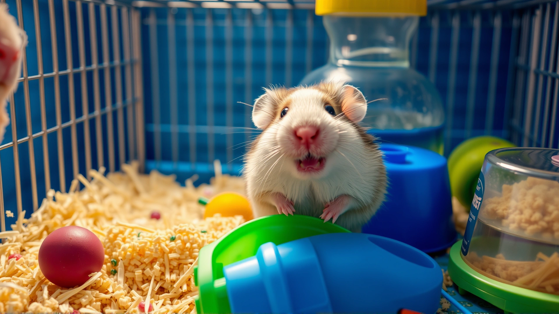 Hamster resting inside a clean, enriched cage with fresh bedding, chew toys, and a water bottle
