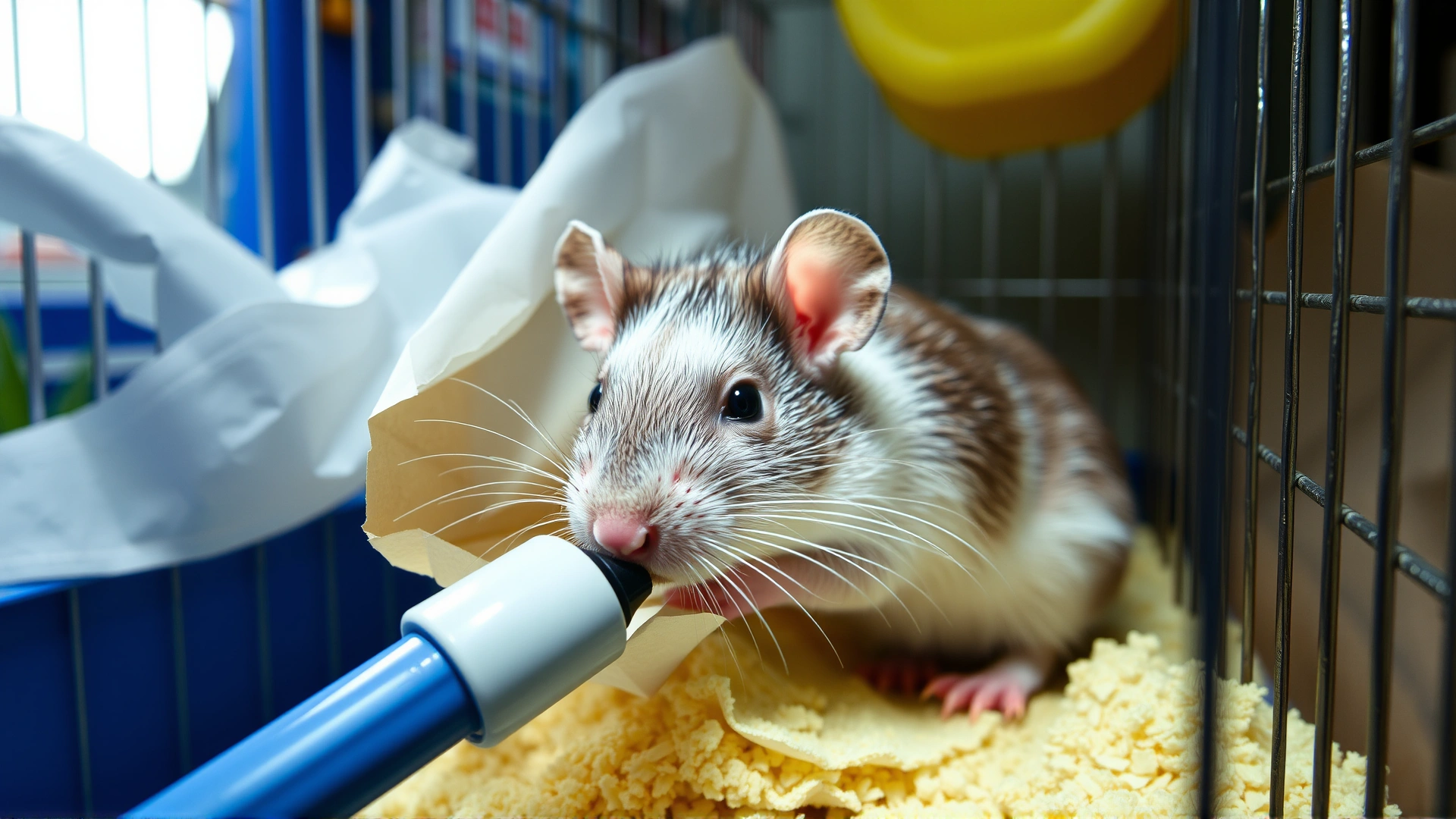 Pet rat resting comfortably in a clean cage with soft paper bedding after medical treatment