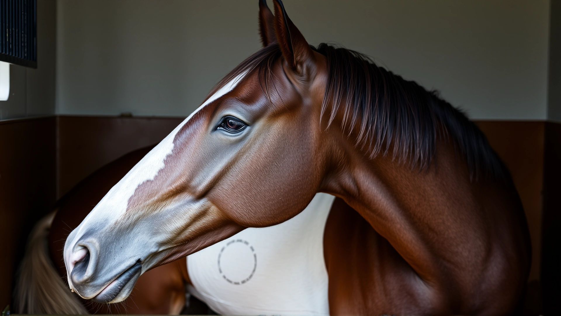 Horse calmly resting in a clean box stall with bandage visible on its lower abdomen.