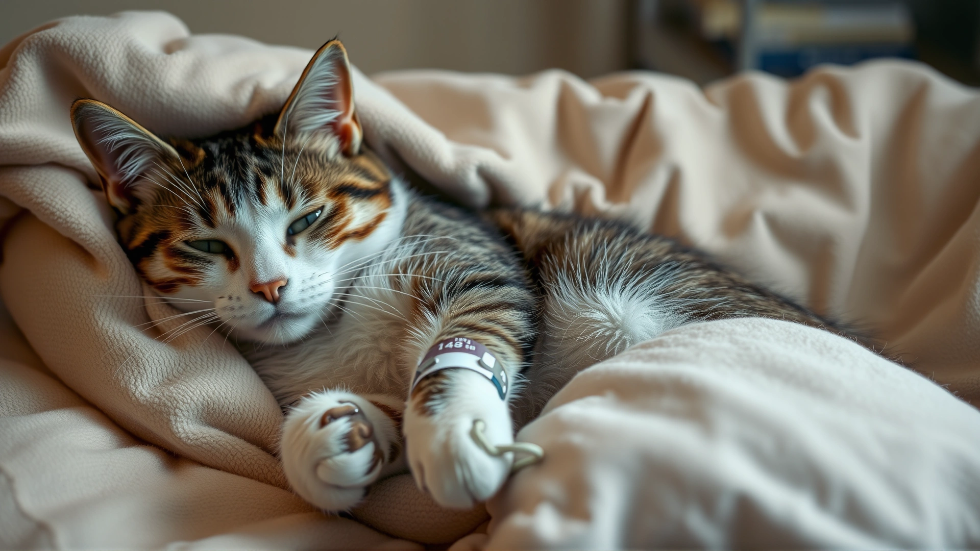 A relaxed cat resting in a cozy bed with a soft blanket, an IV catheter bandage visible on its paw, warm indoor lighting, no text