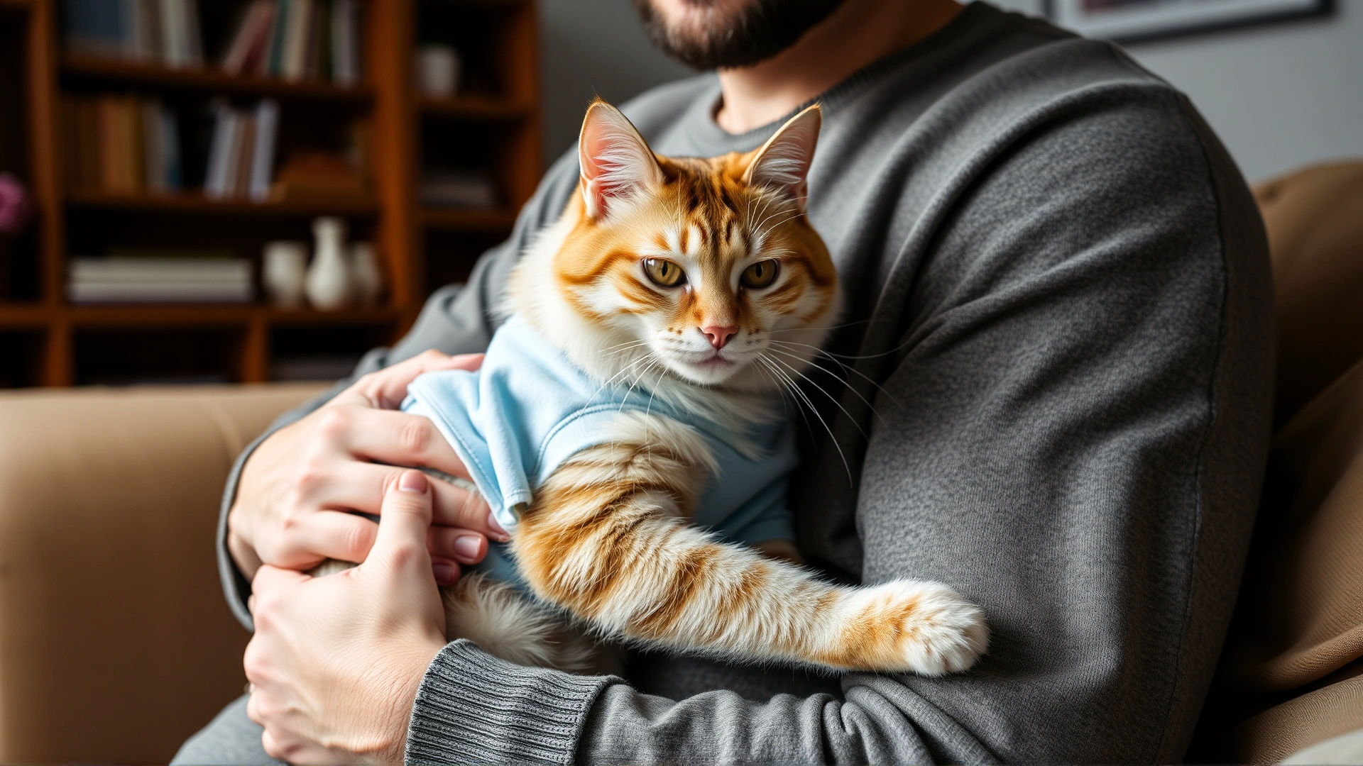 Owner cuddling recovered cat at home, cat wearing small post-surgical onesie, warm cozy living-room setting