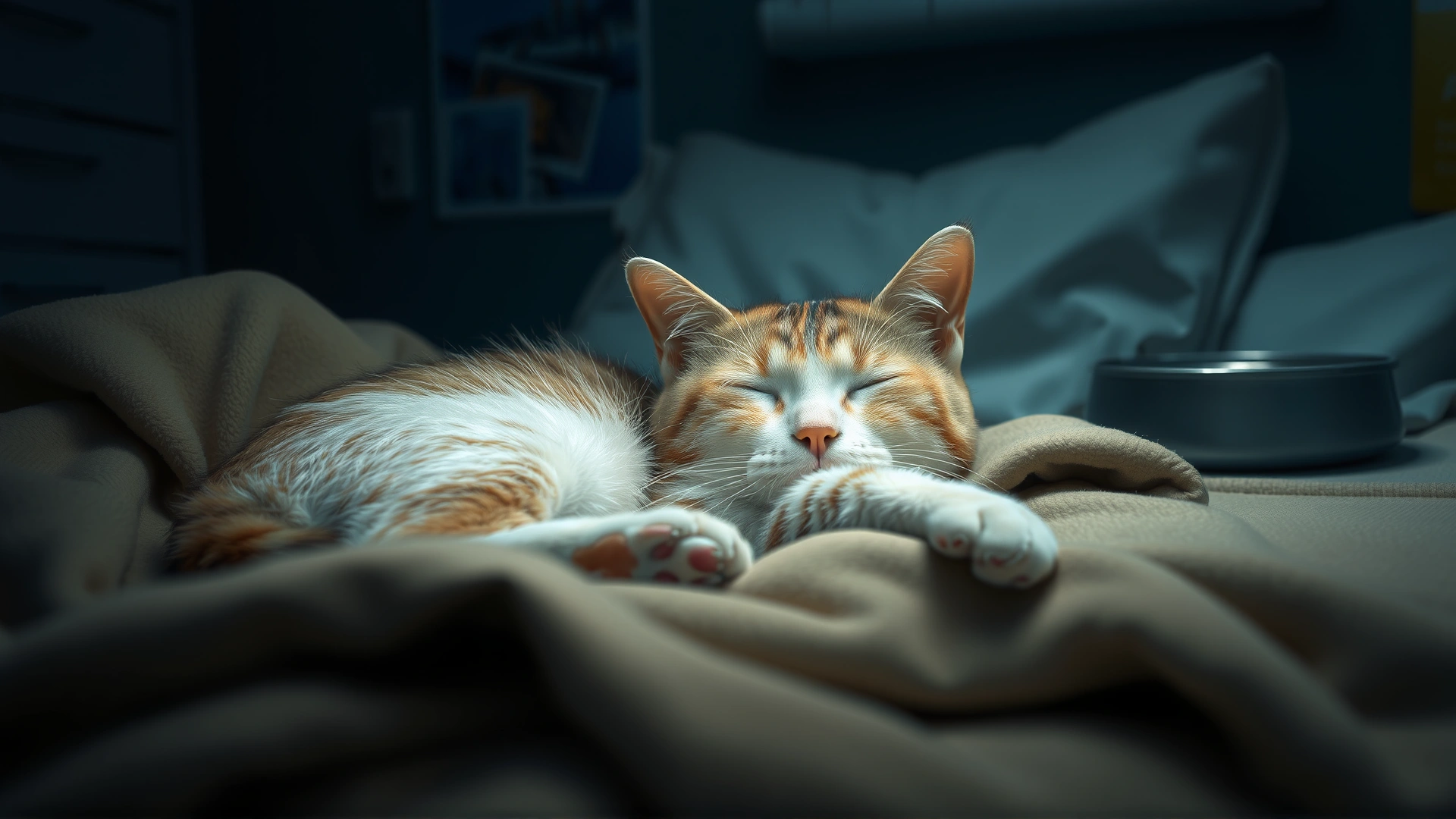 A recovering cat resting comfortably on soft blankets in a dimly lit room with calming colors and a small water bowl nearby.
