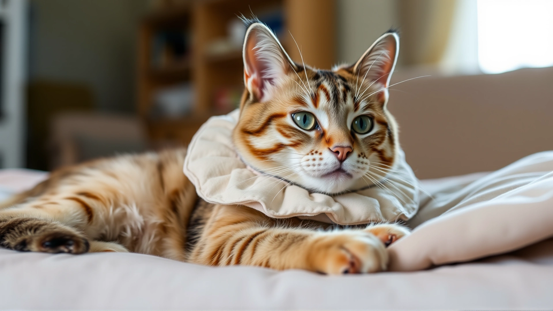 Cat wearing a soft recovery collar resting comfortably on a blanket at home with gentle light.