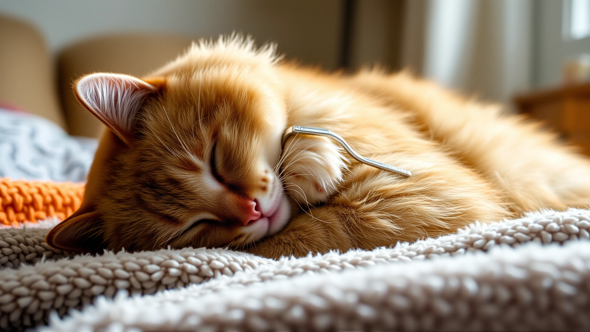 Content domestic cat wearing a soft recovery collar, resting comfortably on a plush blanket at home with warm lighting.