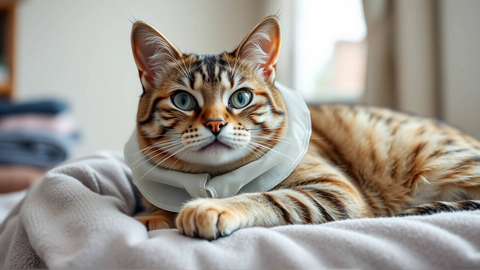 A domestic cat wearing a soft recovery collar resting comfortably on a blanket at home, natural light, no text.