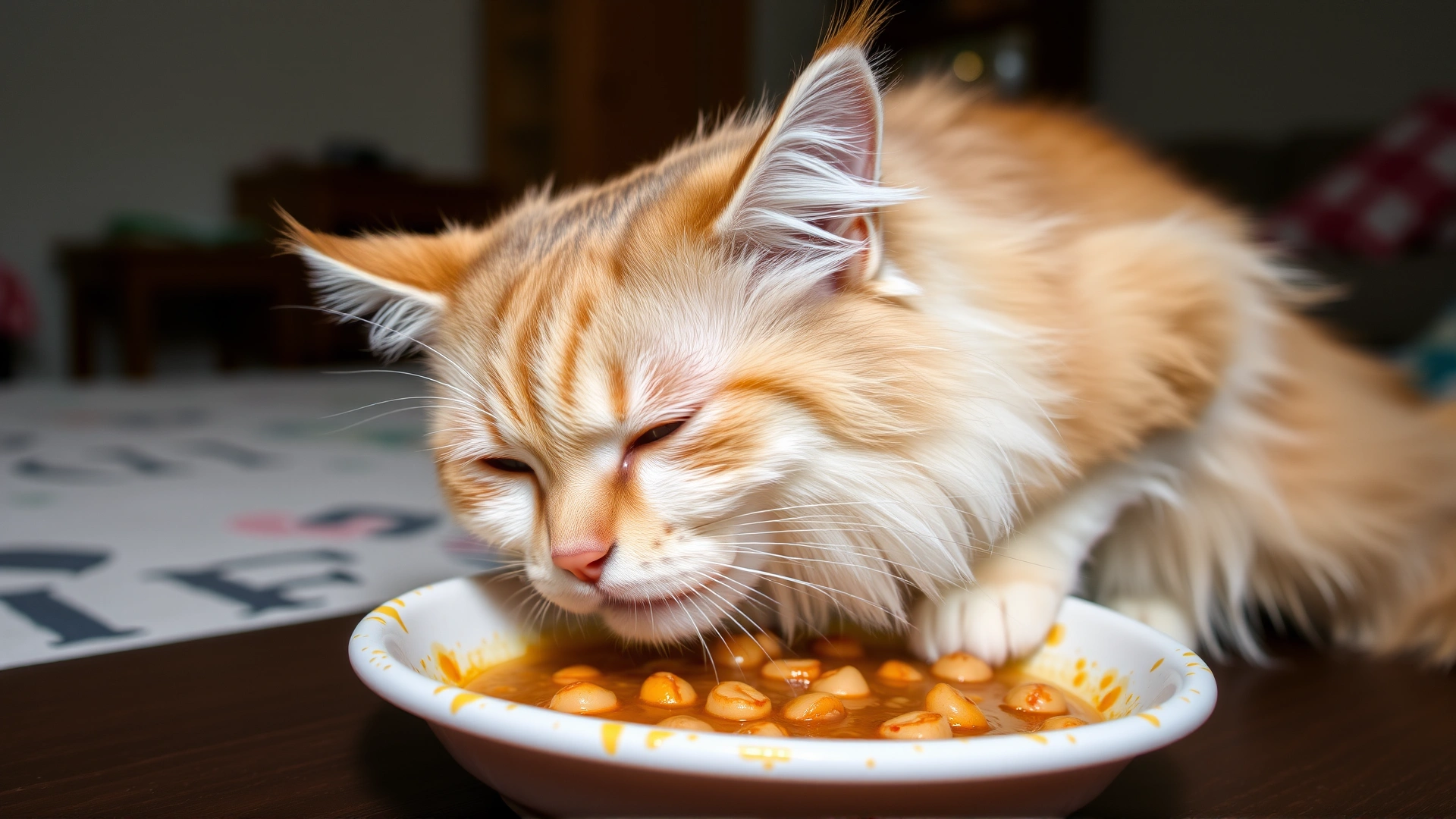 Domestic long-haired cat eating soft wet food from a shallow dish in a cozy home environment, showing post-treatment recovery.