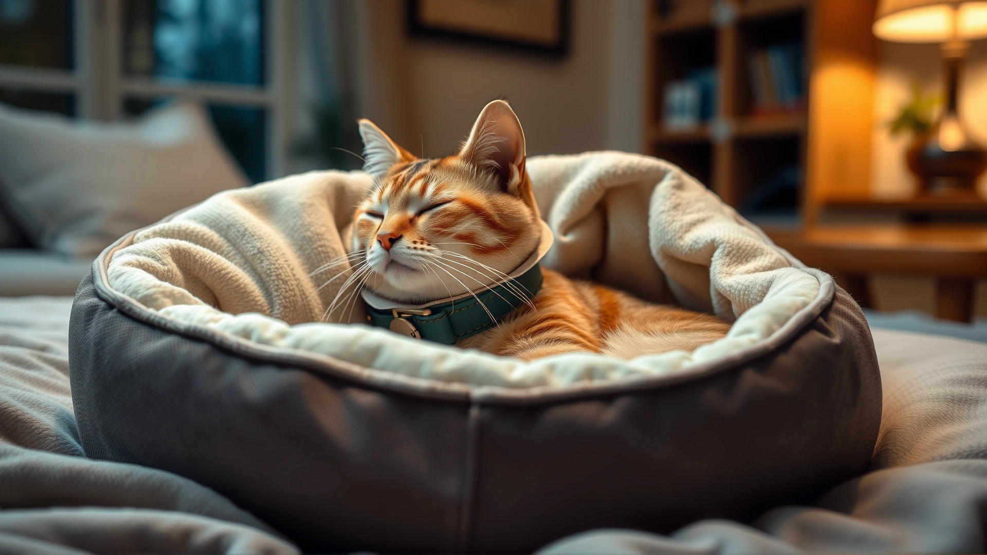 Relaxed domestic cat resting comfortably in a soft recovery bed wearing an Elizabethan collar, warm home setting with soft ambient light.