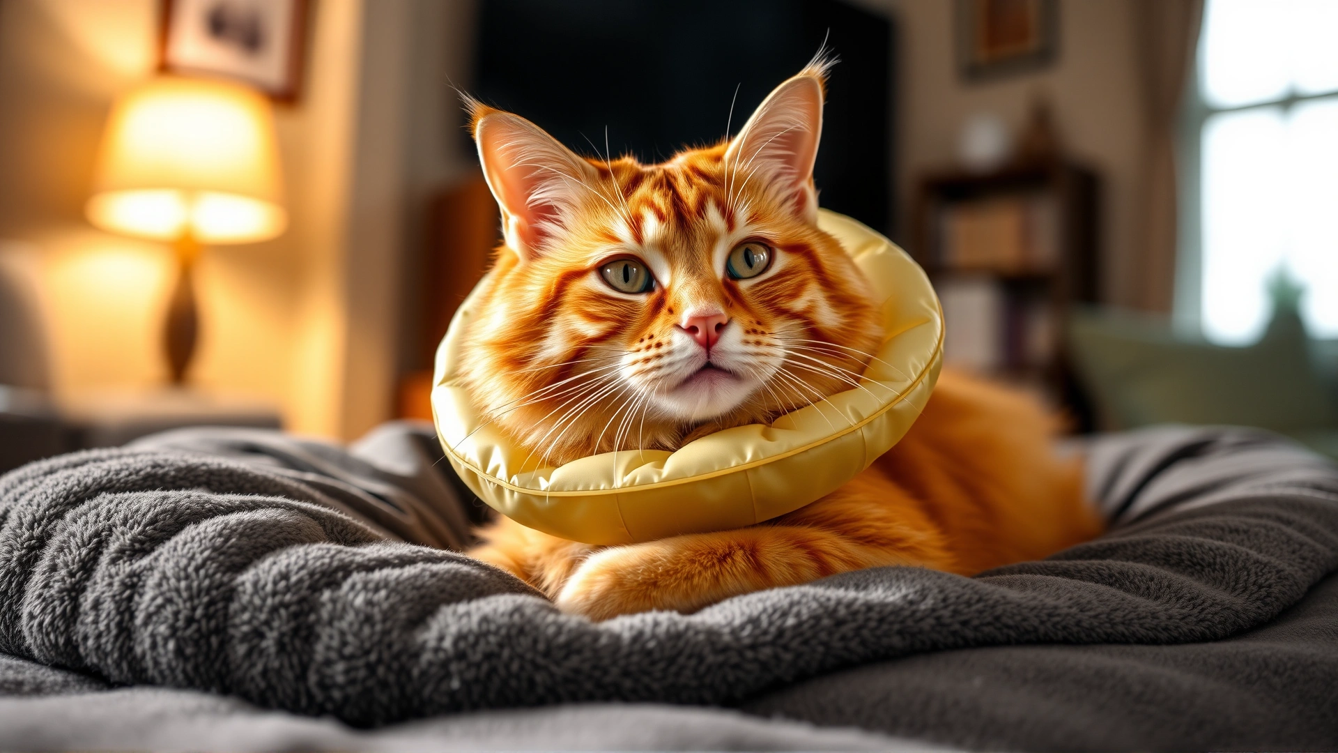 Orange tabby cat wearing a soft inflatable recovery collar, resting comfortably on a plush bed in a cozy living room with warm ambient light.