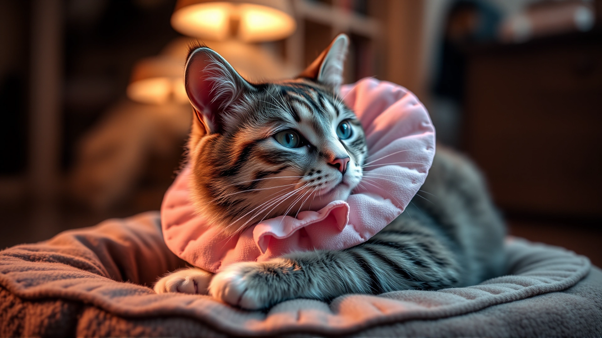 Cat wearing a soft recovery collar lying comfortably on a cat bed at home, warm ambient lighting.
