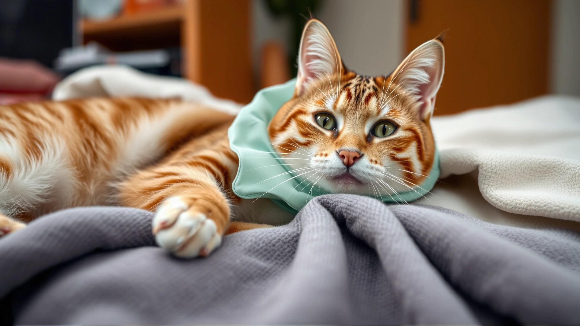 Post-surgery male cat wearing a soft recovery collar resting on a cozy blanket at home, calm atmosphere, no text