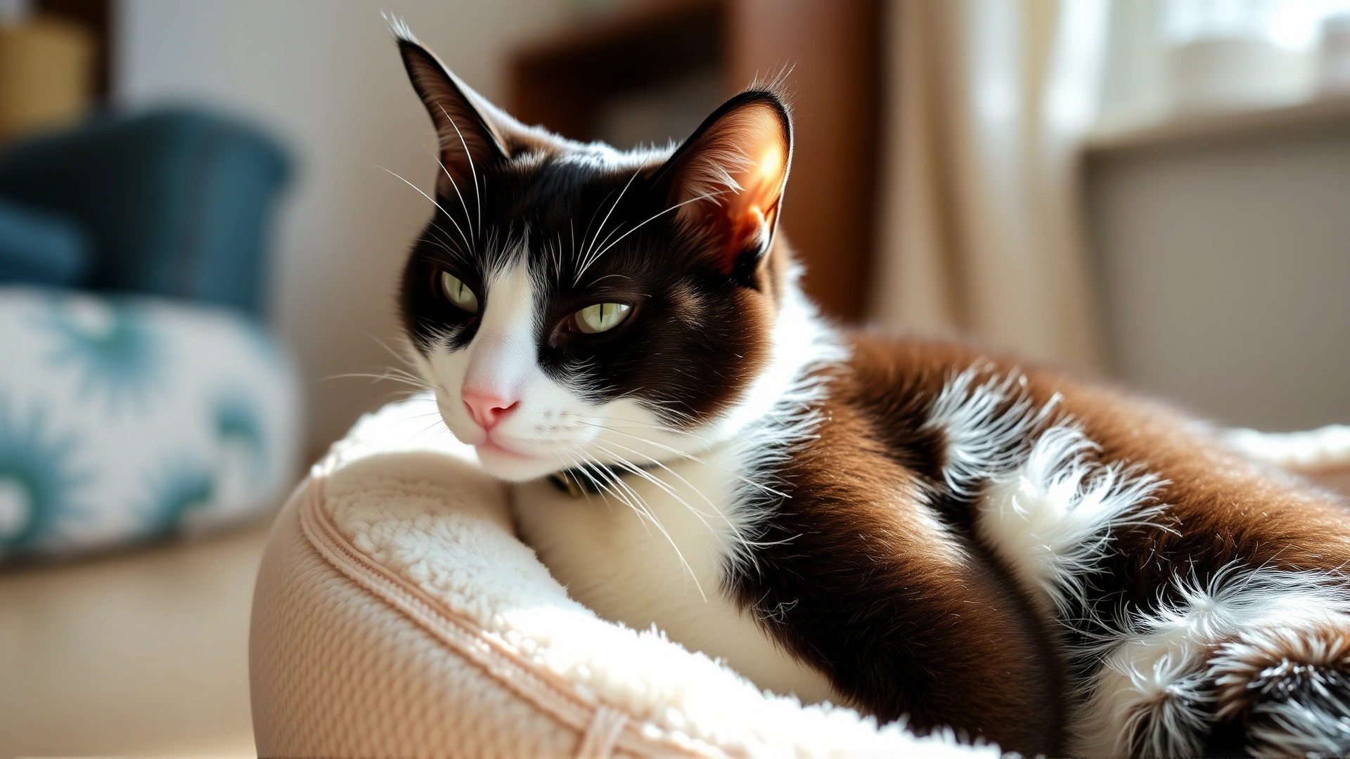 Photograph of a tuxedo cat resting comfortably in a soft cat bed at home, wearing an Elizabethan collar, natural cozy lighting.