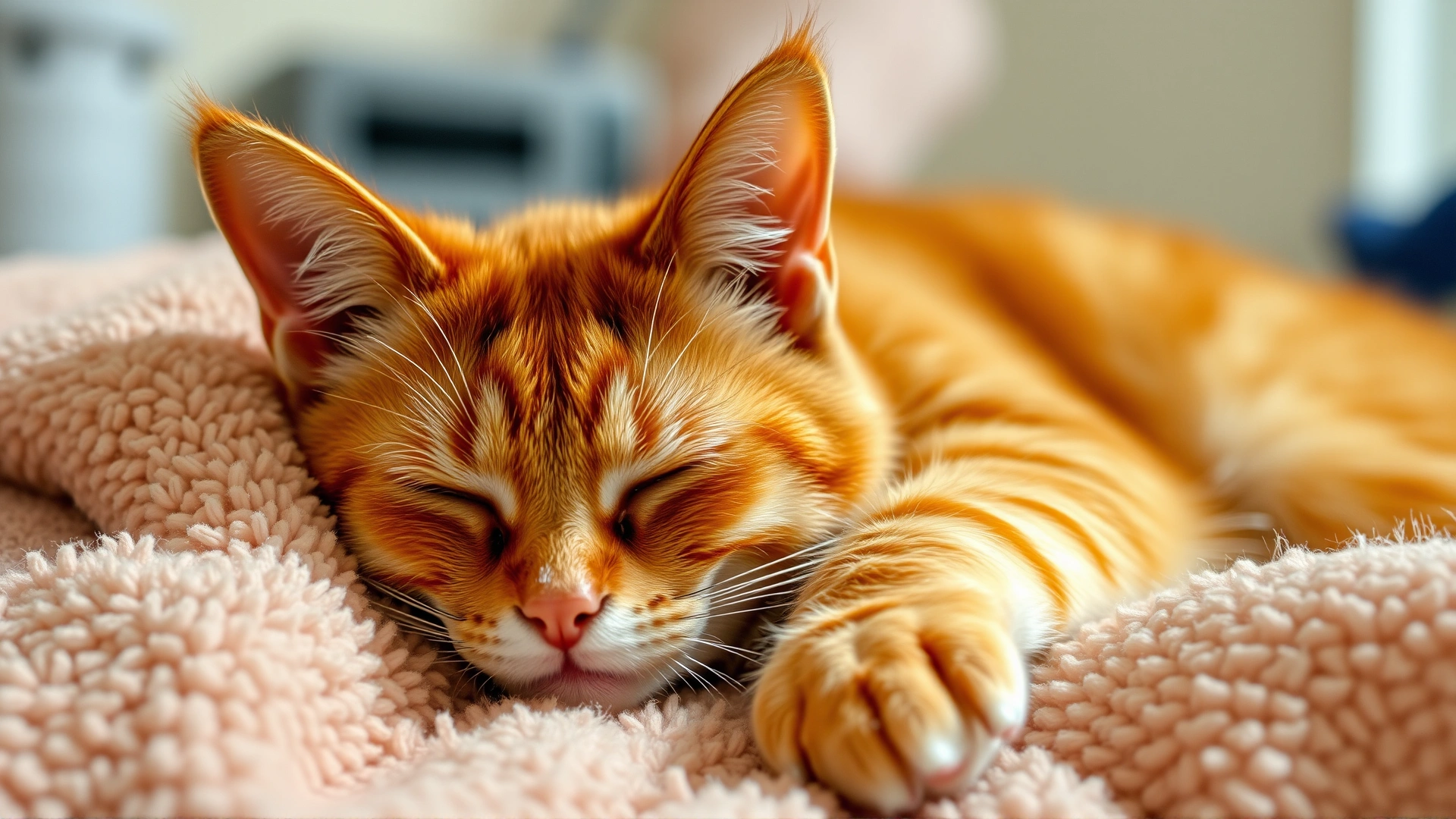 Content orange cat resting comfortably on a plush blanket after receiving treatment, warm indoor lighting