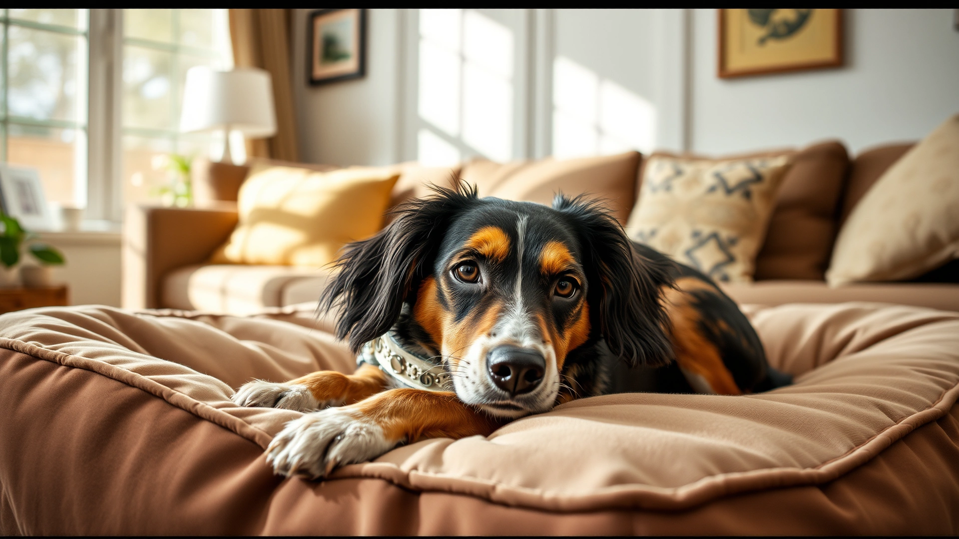 Dog at home lying comfortably on a soft bed wearing an Elizabethan collar, cozy living-room environment, natural light, high resolution.