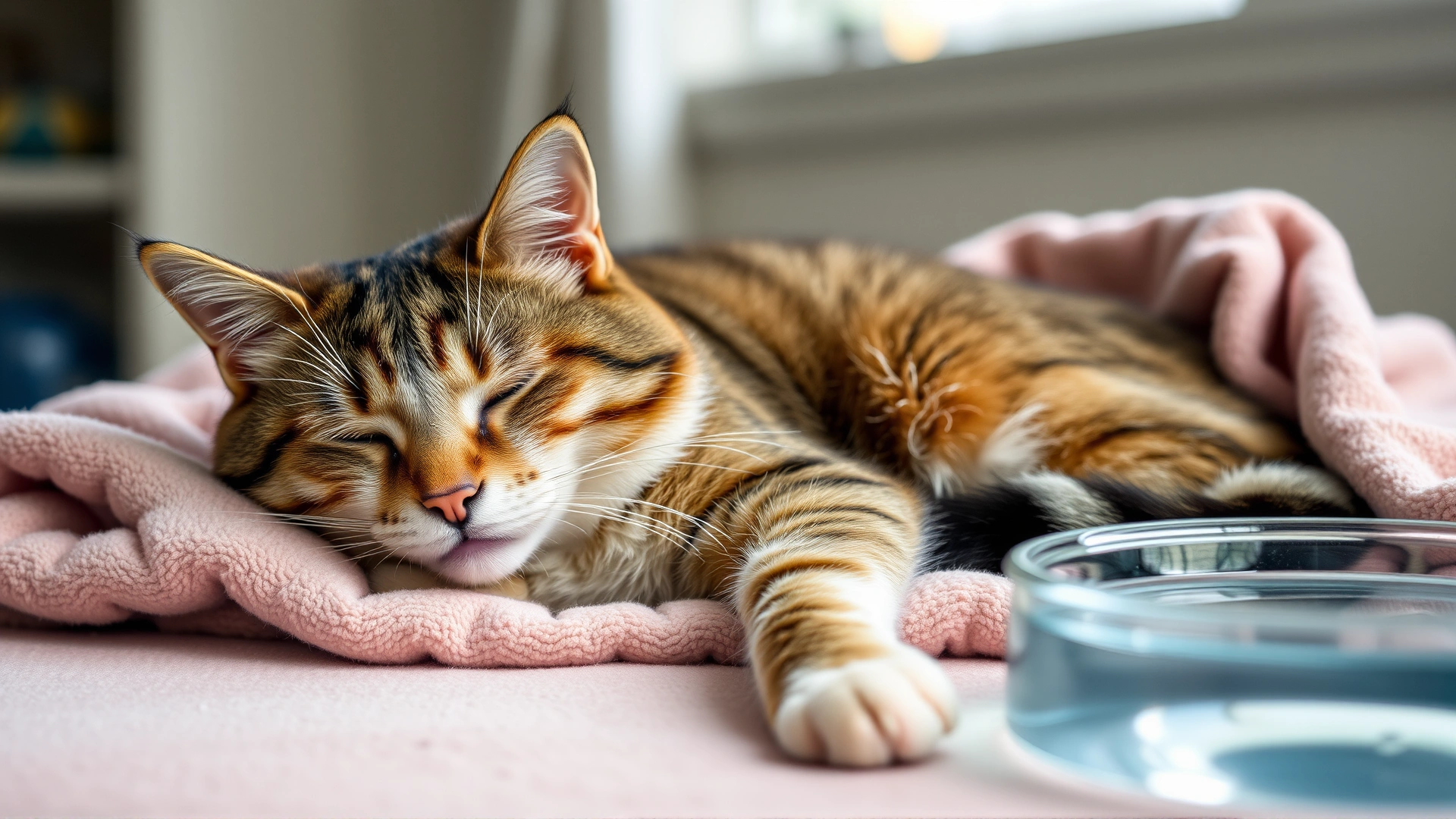 Content cat resting comfortably on a soft blanket at home with a water bowl nearby, symbolizing recovery.