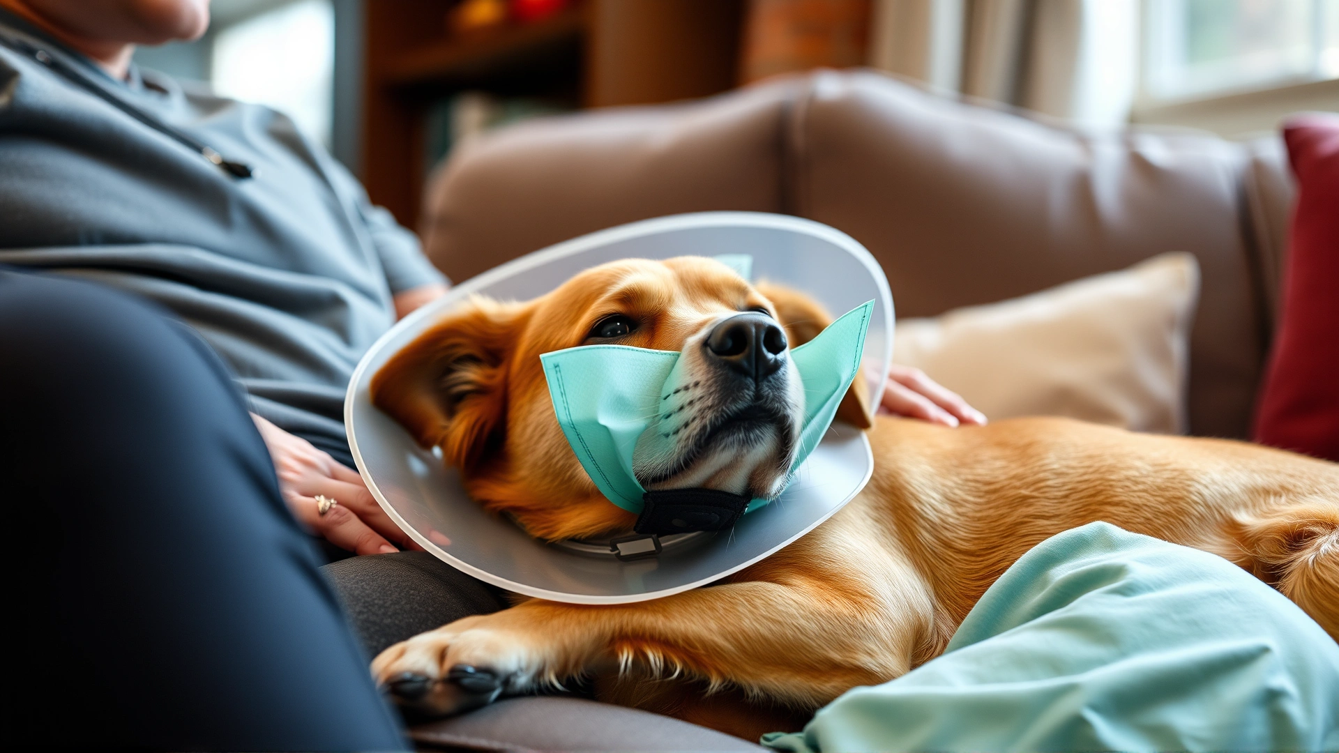 Dog wearing an Elizabethan collar resting comfortably on a couch at home beside a caring owner, representing post-surgery recovery.