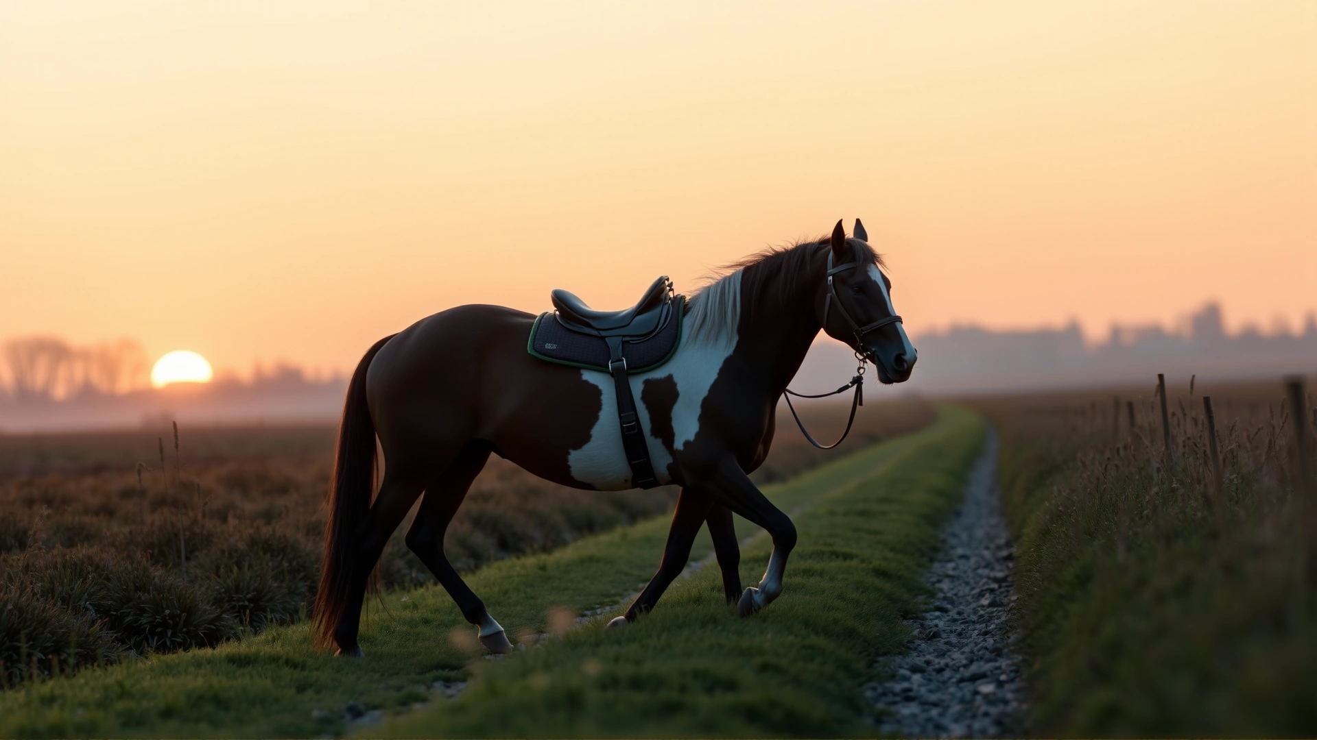 Rider walking a recovering horse in-hand along a grassy track during sunset, calm atmosphere, no text