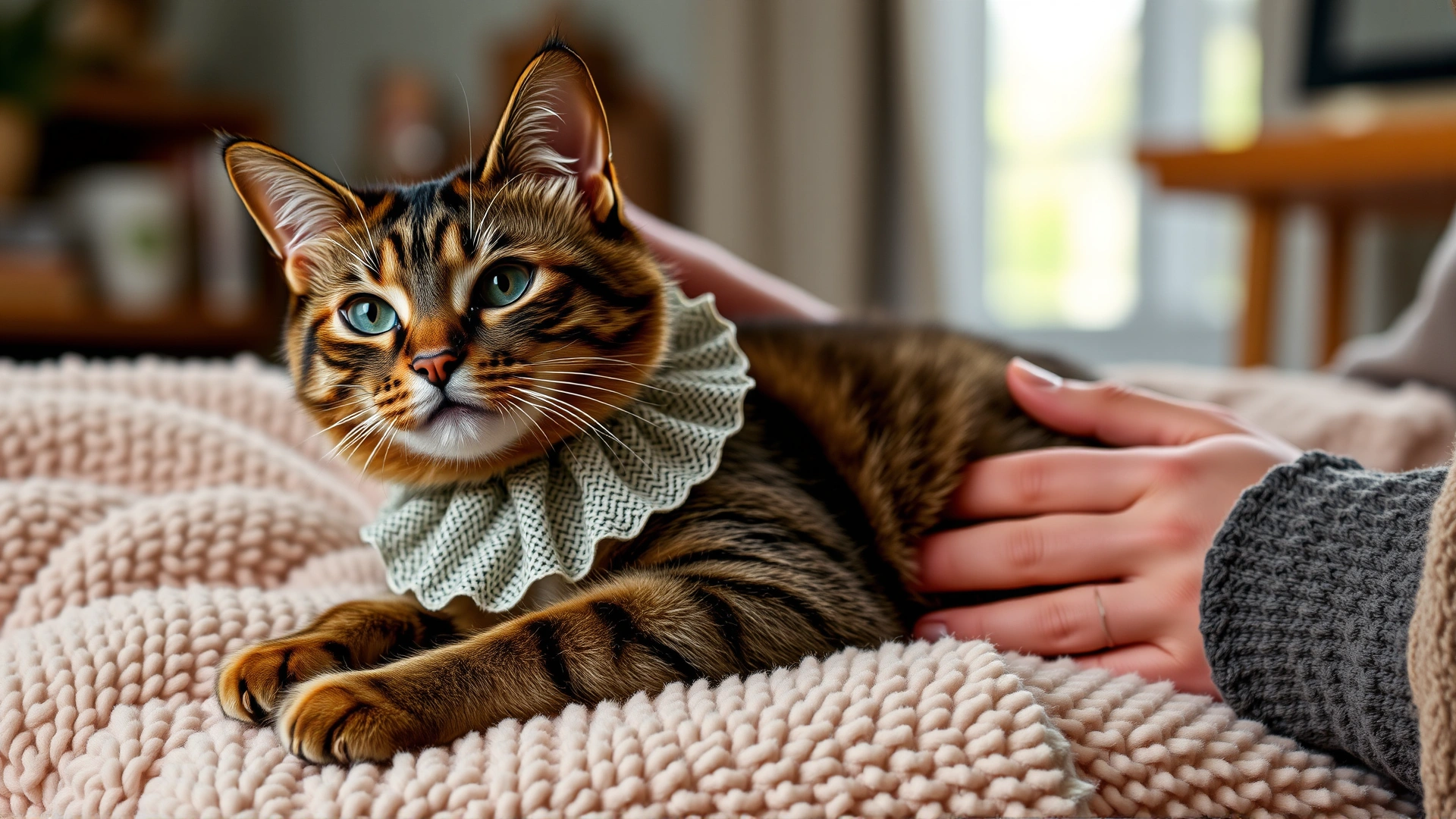 Domestic short-haired cat wearing an Elizabethan collar resting on a plush blanket at home while a caring owner gently pets it