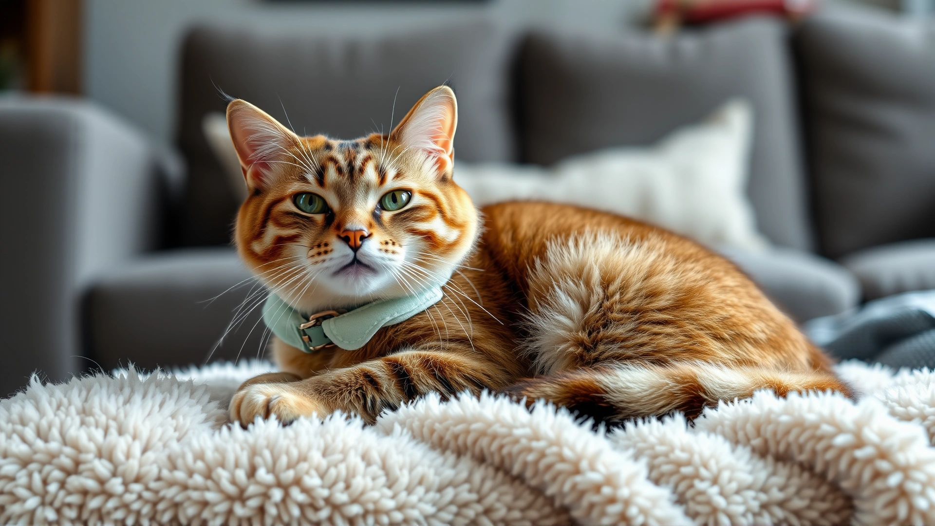Cat resting comfortably on a plush blanket wearing a soft recovery collar (Elizabethan collar), living-room background