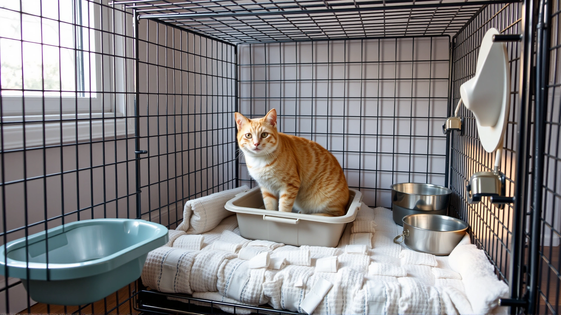 Indoor setup showing a medium-sized wire kennel prepared for a recovering cat: soft bedding, small litter box with paper litter, food and water bowls attached to the walls, bright natural light