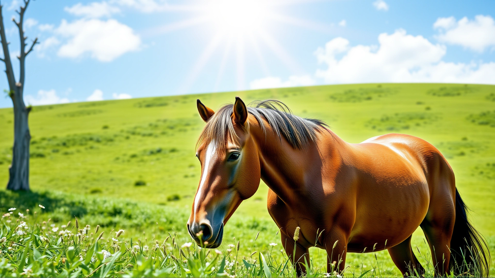 Healthy horse grazing peacefully in a lush green pasture under a bright sky, symbolizing recovery and wellbeing.
