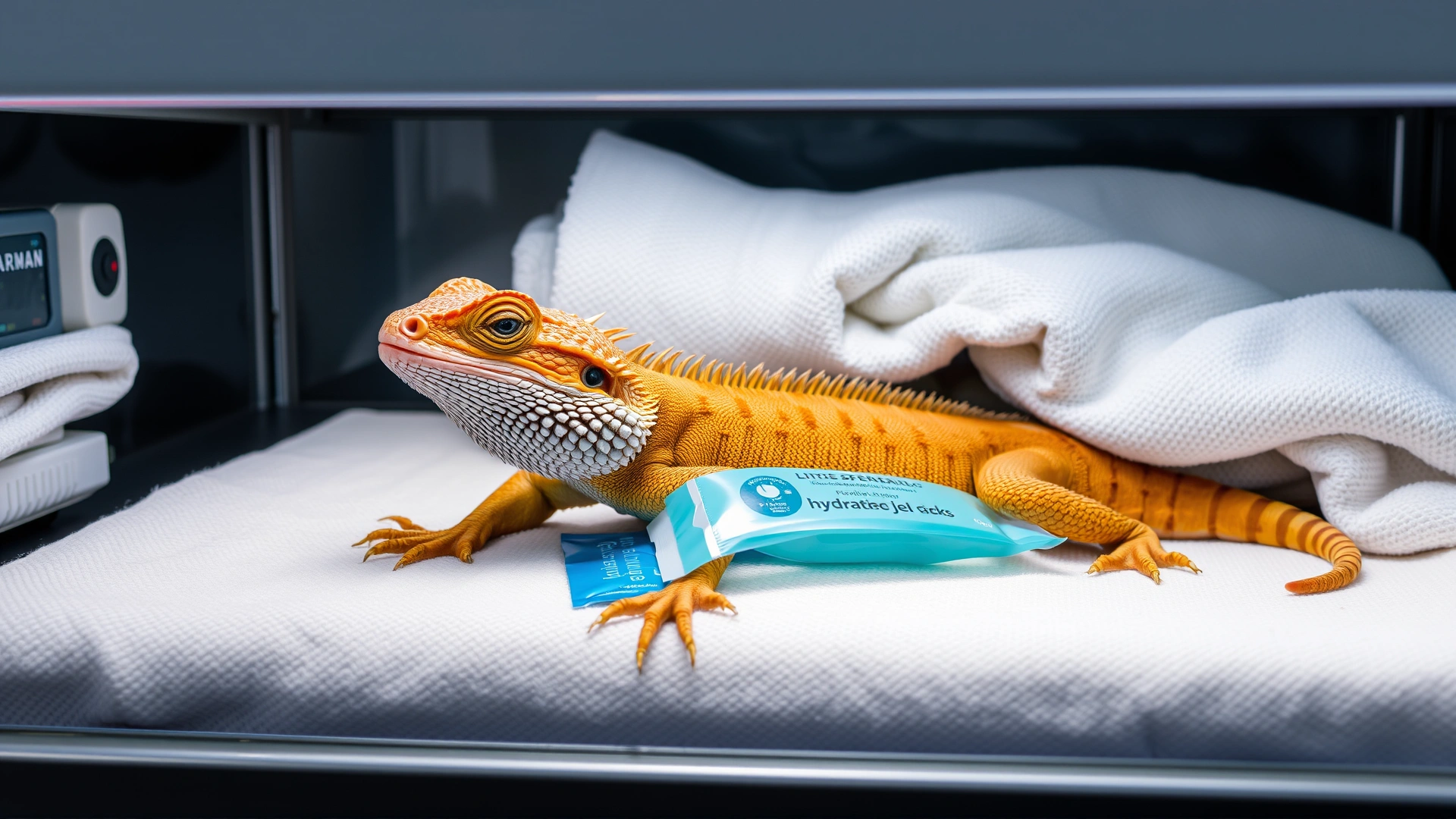 Bearded dragon resting in a hospital enclosure with a heat lamp, soft towels, and hydration gel pack.