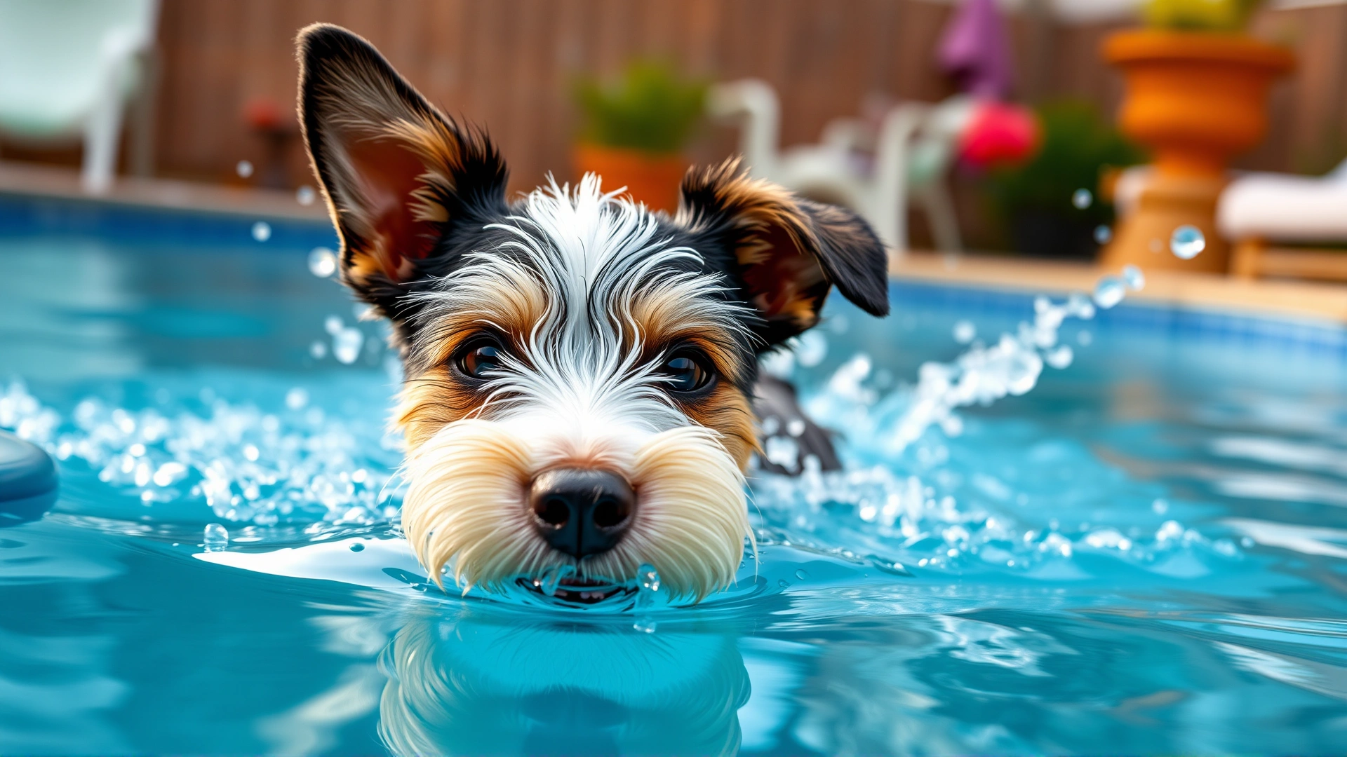 Happy Terrier swimming toward the camera in a backyard pool, water droplets frozen mid-splash