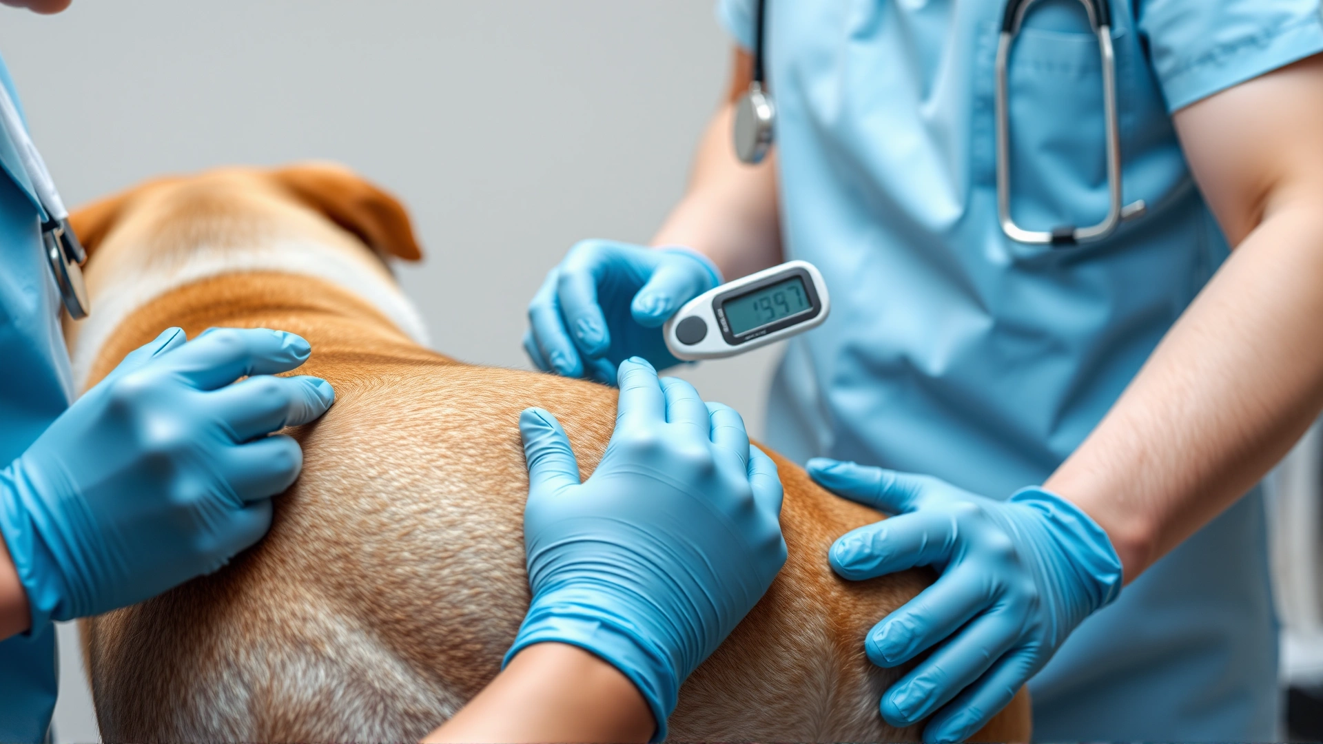Veterinarian wearing gloves gently inserting a digital rectal thermometer into a medium-sized dog's rear while an assistant calms the dog.
