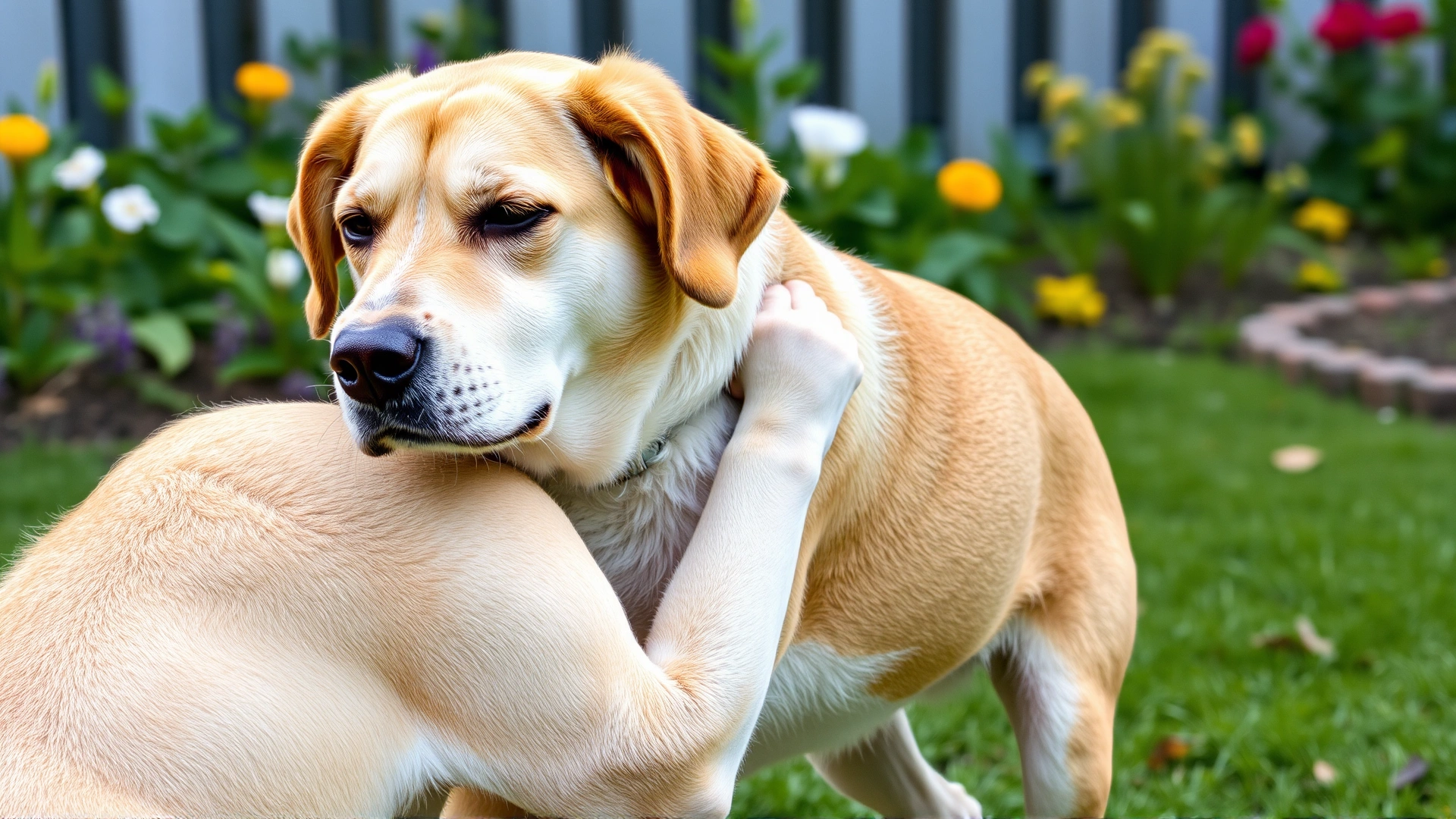 Dog scratching its ear with hind leg in a garden, slight discomfort visible
