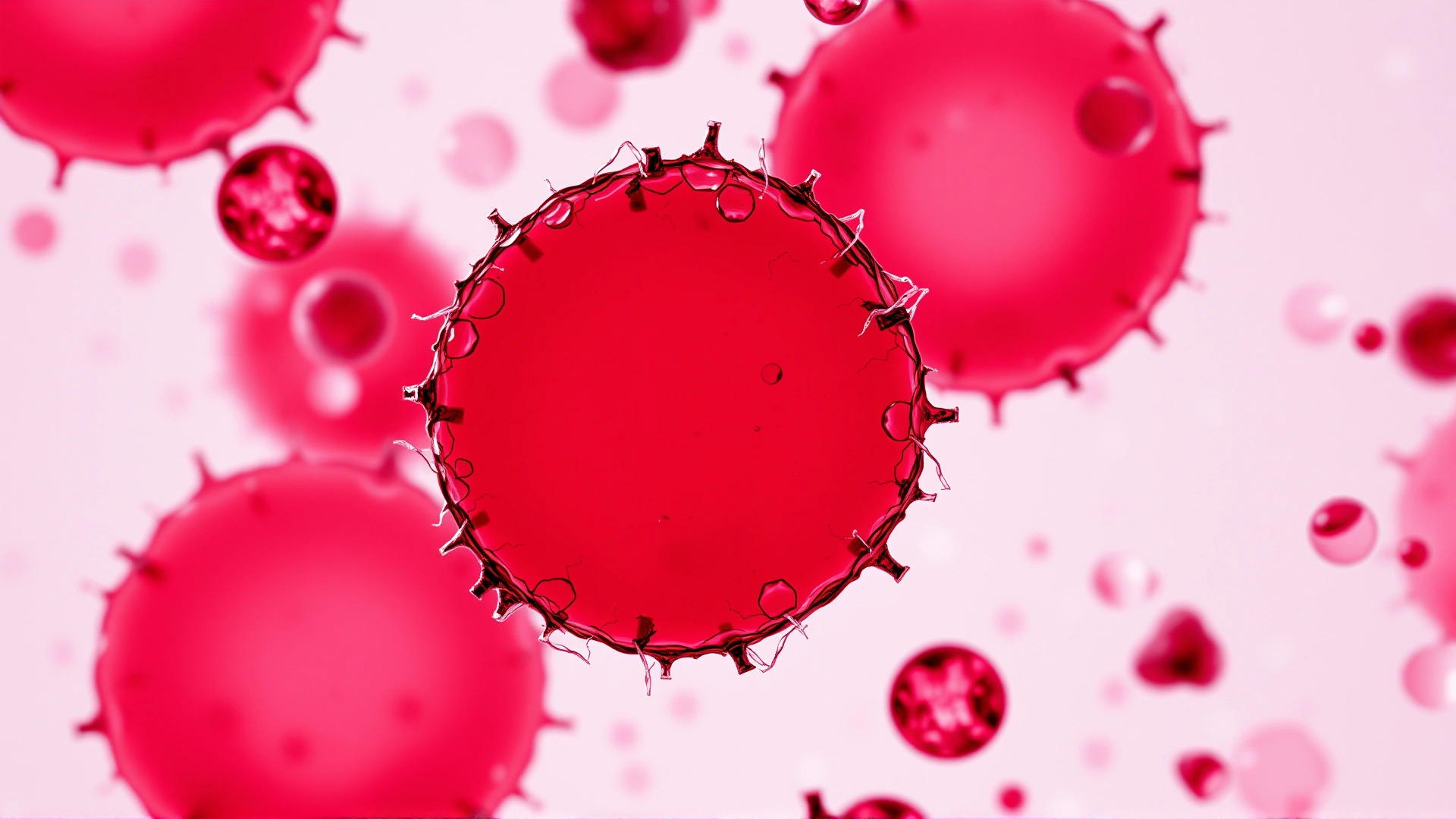 Illustrative macro shot of damaged canine red blood cells with Heinz bodies under microscope, no text.