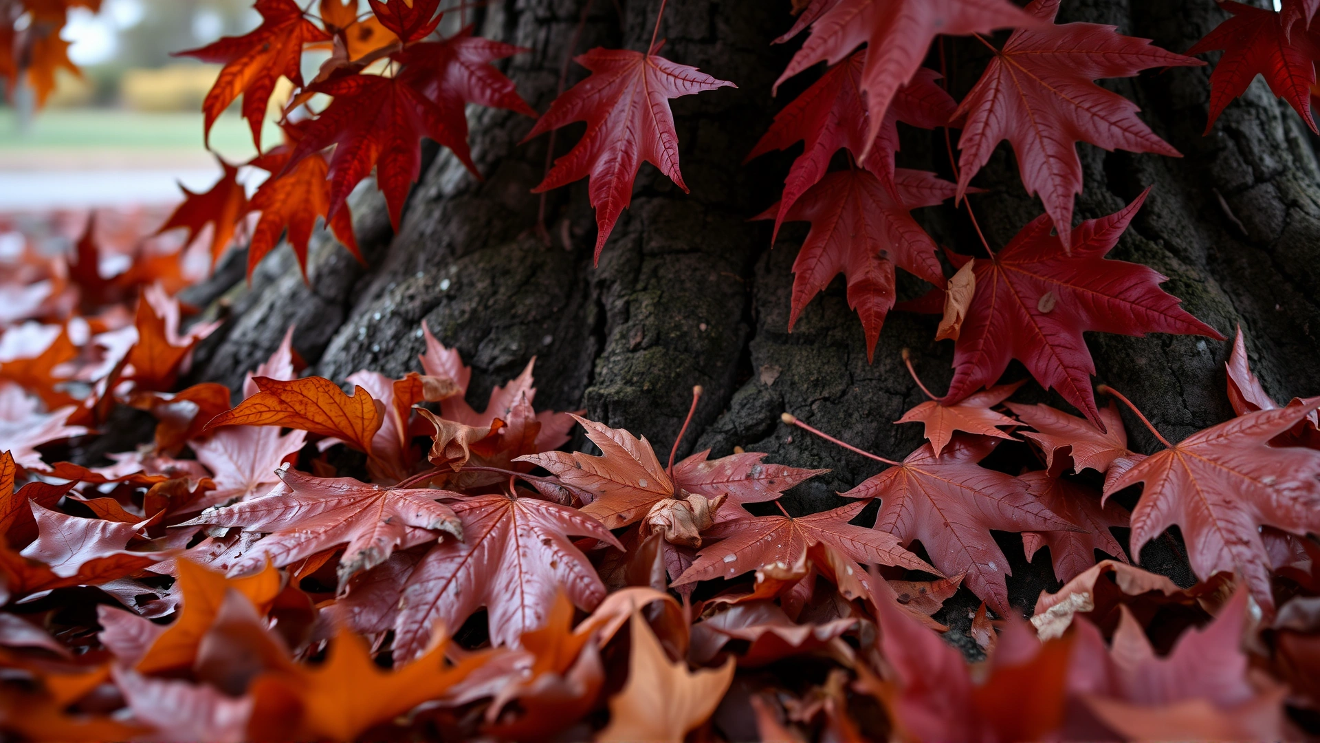 Close-up of wilted red maple leaves on the ground beneath a red maple tree trunk, emphasizing the leaves' brownish-red color.