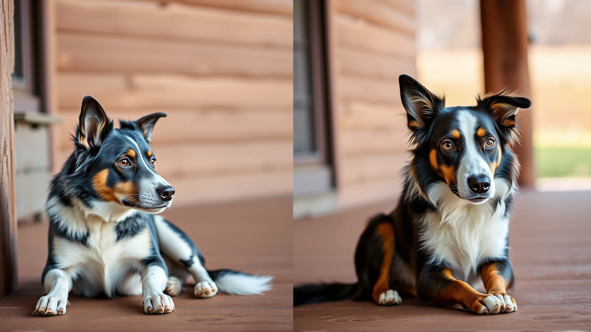 Side-by-side portrait of a Blue Heeler and a Red Heeler sitting on a rustic wooden porch, clearly showing the difference in coat coloration under natural light.