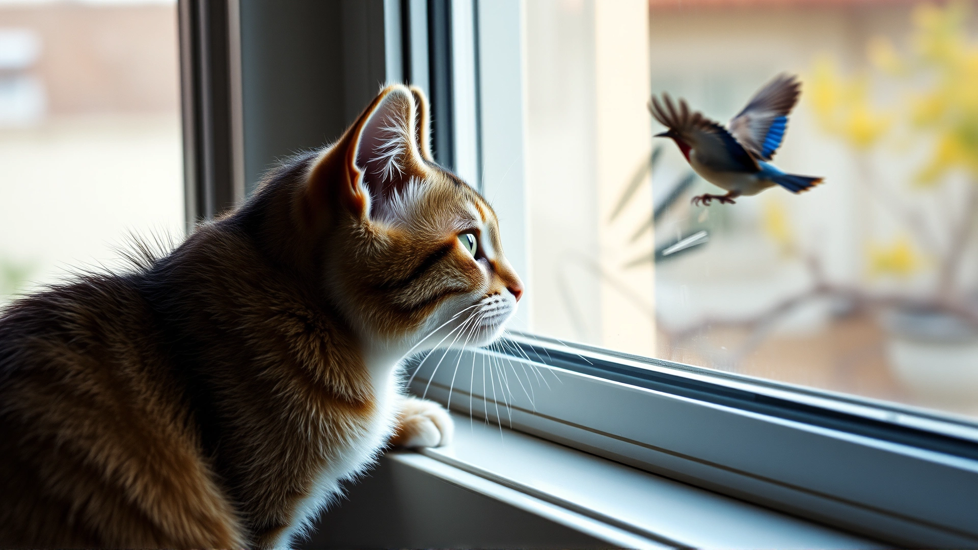 Cat perched on a windowsill intensely staring at birds outside, tail flicking, outdoor scenery visible through glass.