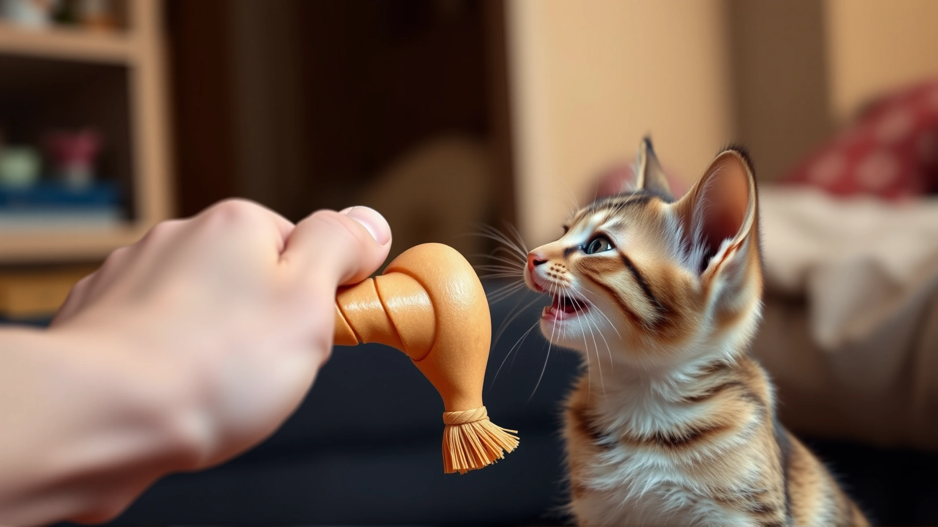Human hand holding a chew toy in front of a young cat redirecting its bite toward the toy, warm indoor lighting.