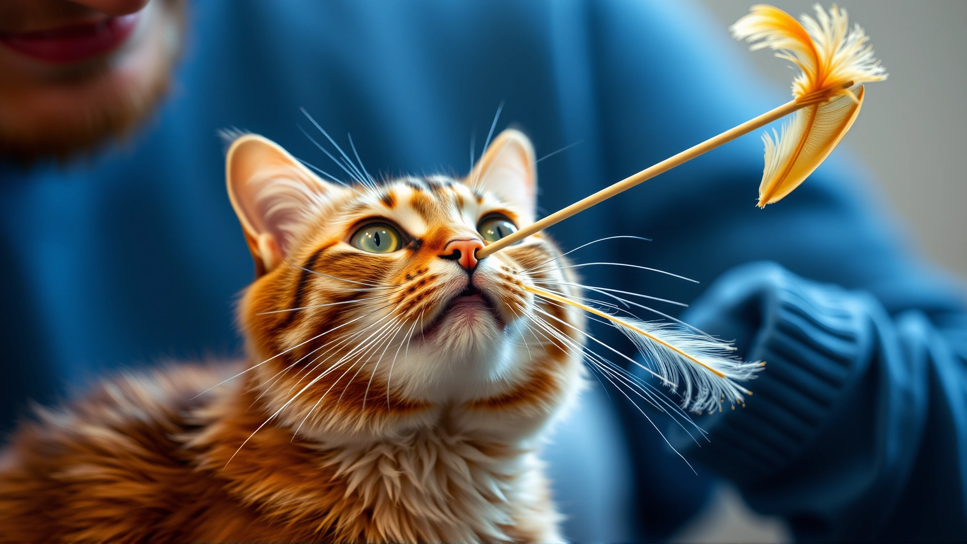 Cat owner using a feather wand toy to divert the cat's attention away from the owner's face
