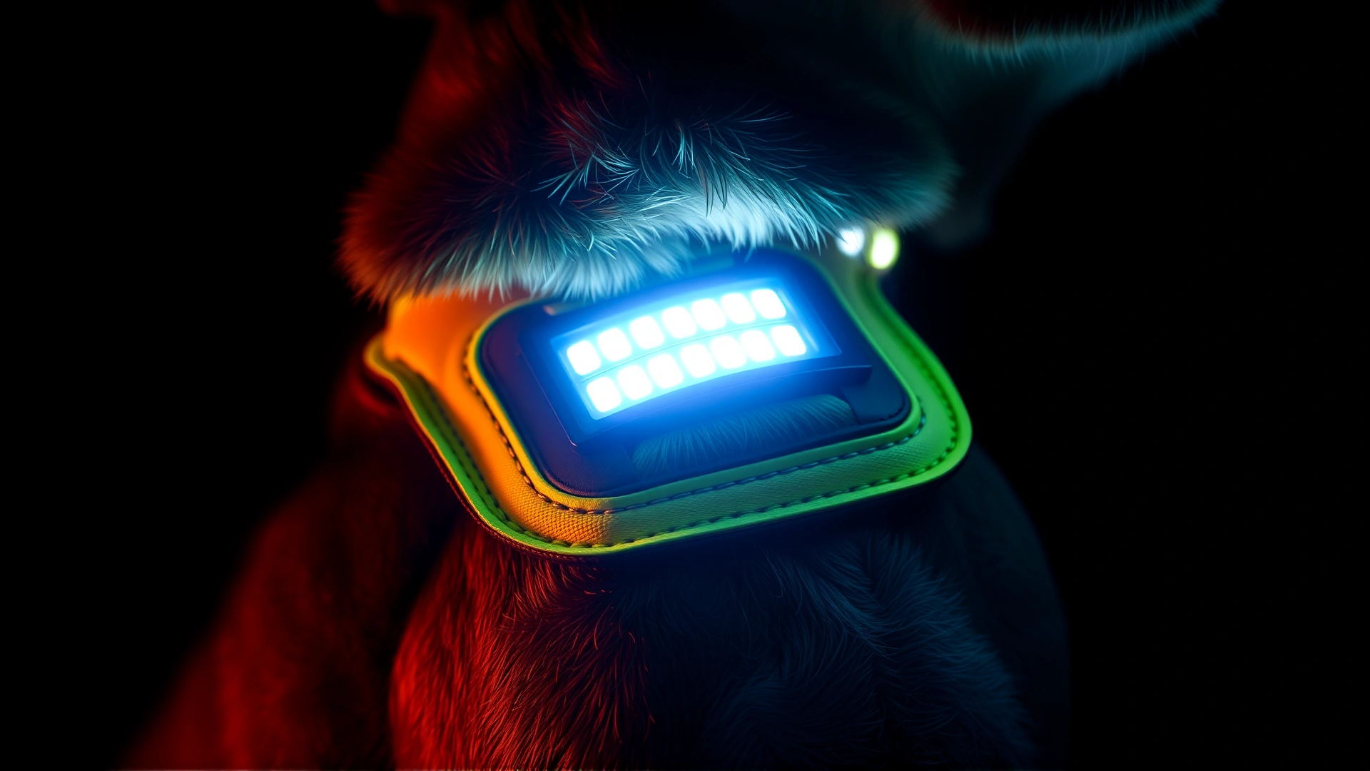 Close-up of reflective dog harness and LED collar glowing in the dark