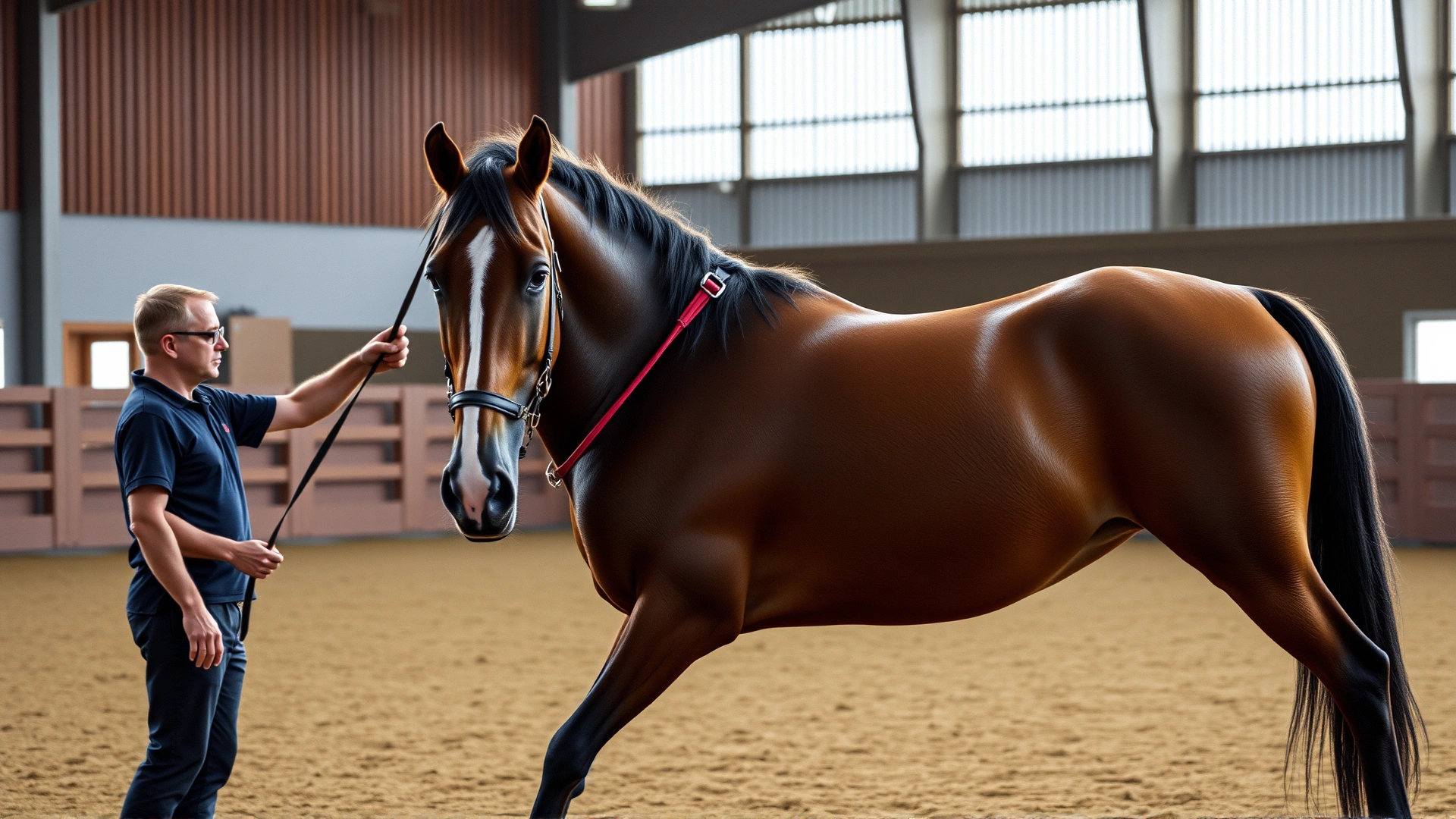 A horse performing controlled physiotherapy exercises with a handler in an indoor arena