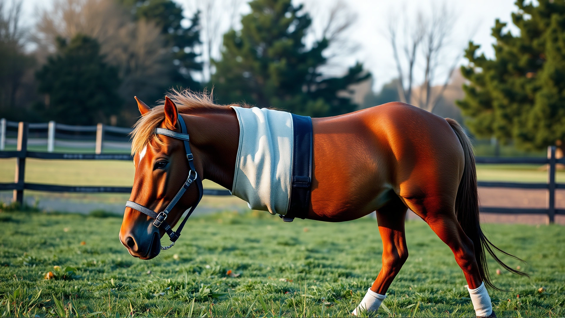 Horse wearing a supportive bandage walking calmly in a grassy paddock during rehab, soft afternoon light
