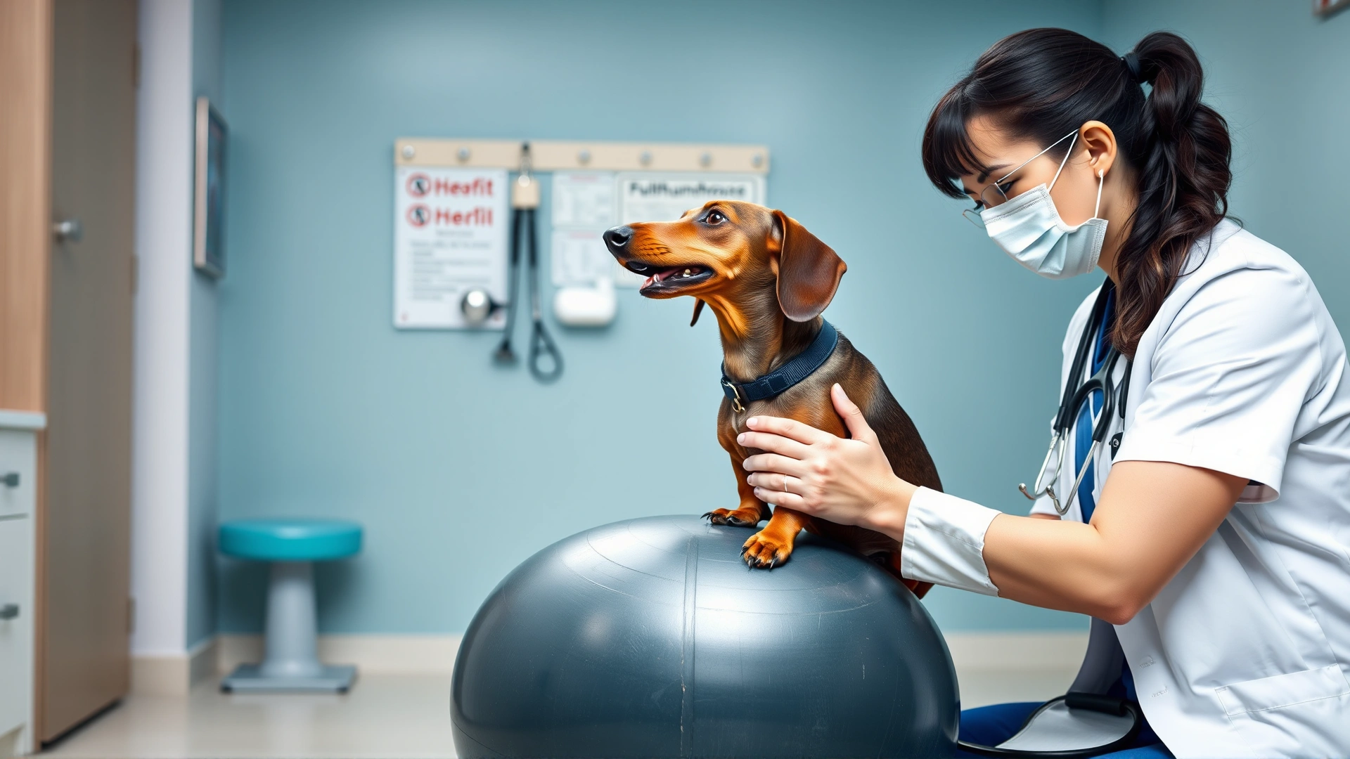 Veterinarian conducting a physiotherapy session with a dachshund on a balance ball inside a vet clinic