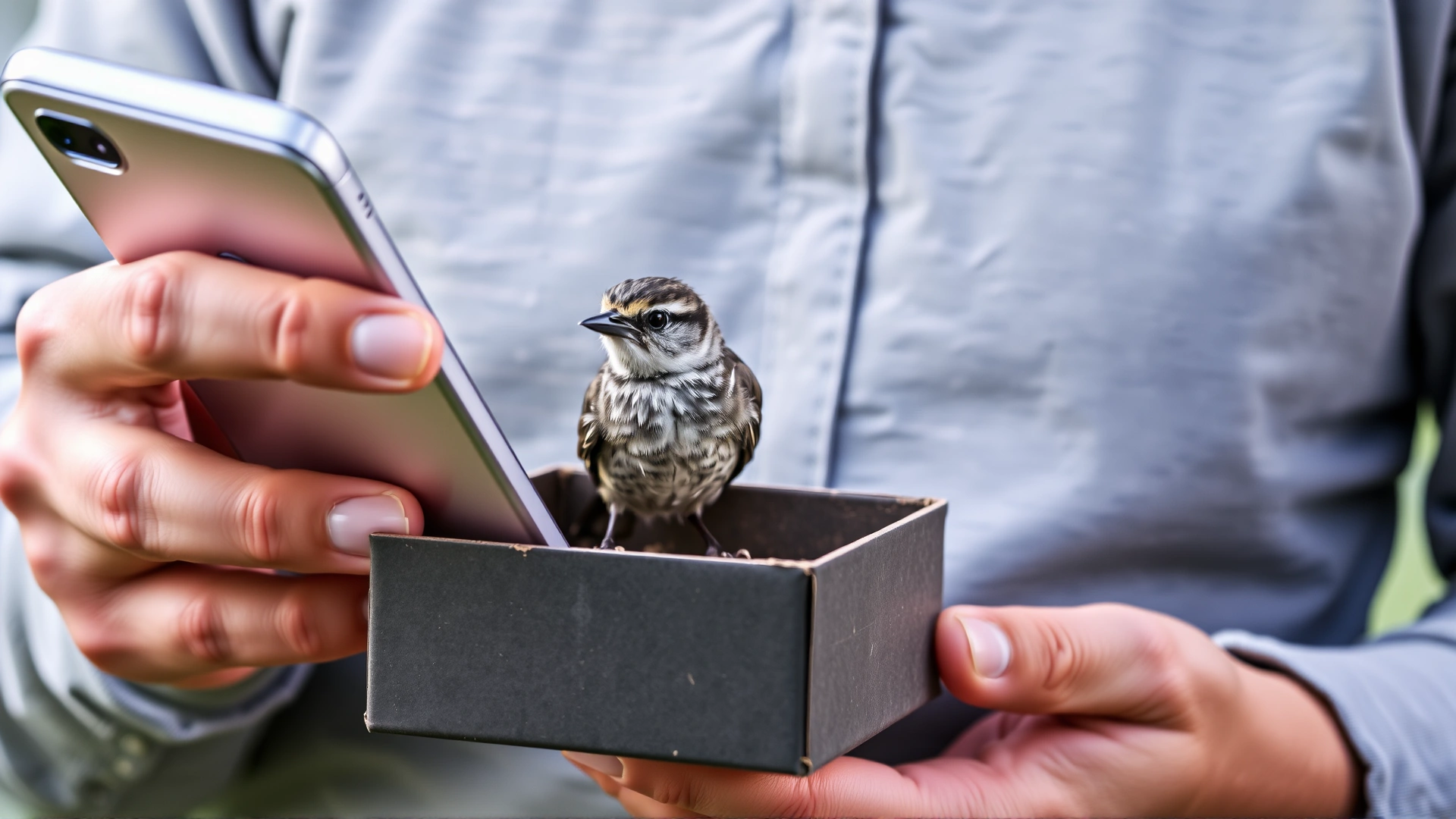 A concerned person using a smartphone while holding a small bird in a box, representing contacting a wildlife rehabilitator