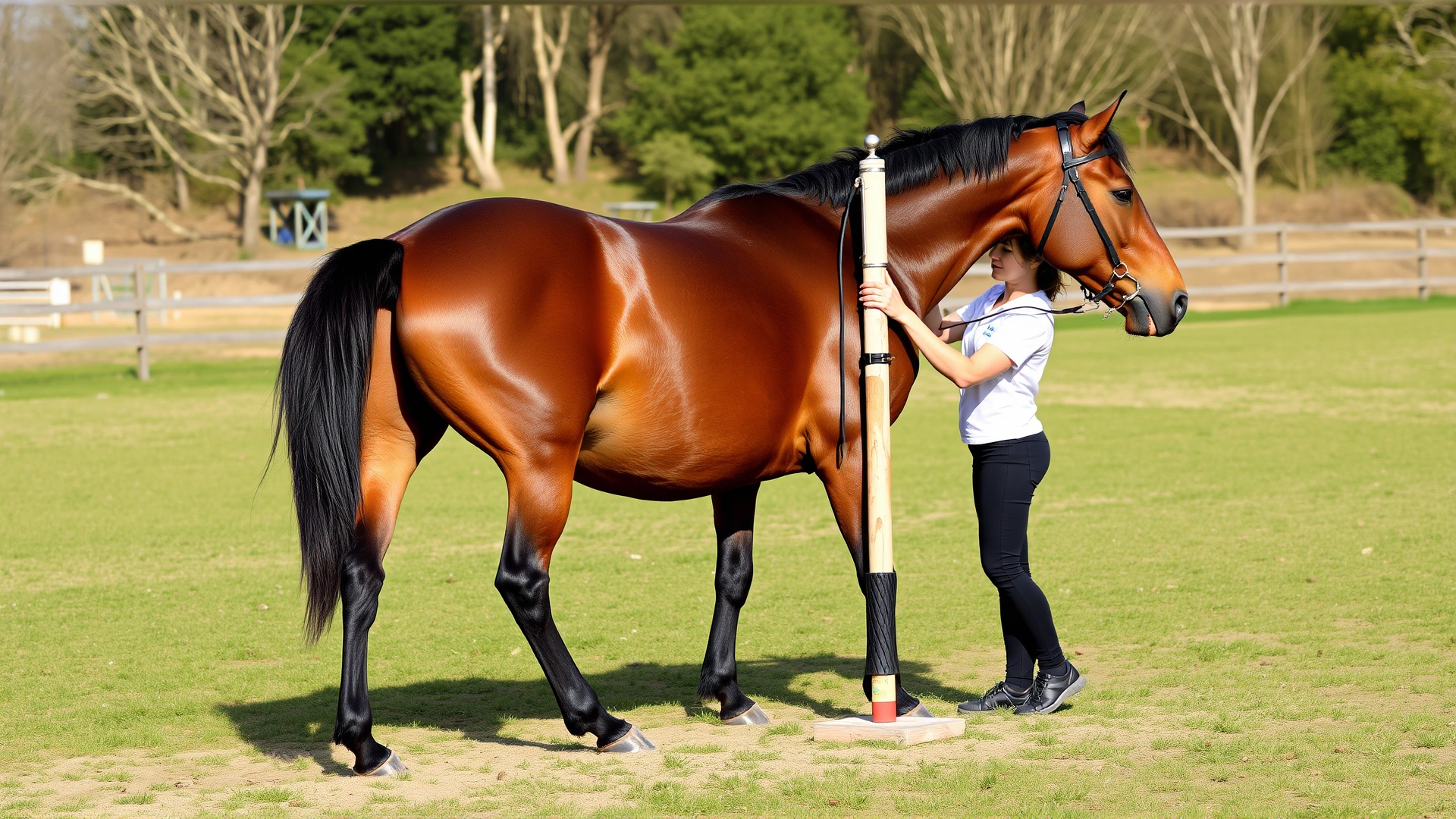 Equine physiotherapist guiding a horse through ground pole exercises aimed at strengthening the back, open paddock.